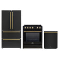 Forno 3-Piece Appliance Package - 30-Inch Leonardo Espresso Induction Range, French Door Refrigerator, and Dishwasher in Black with Antique Brass Trim