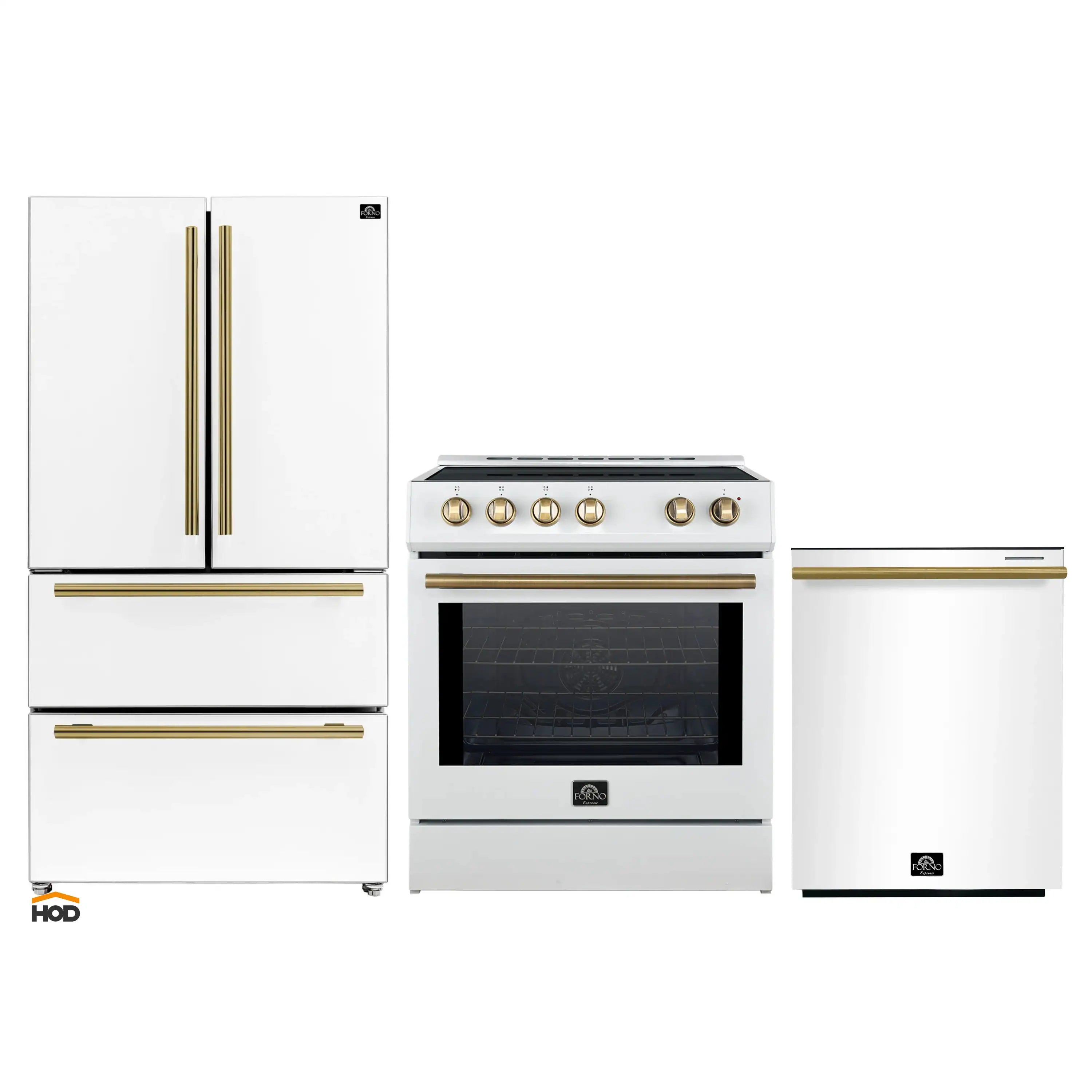 White kitchen appliance set with induction range, microwave door, and refrigerator