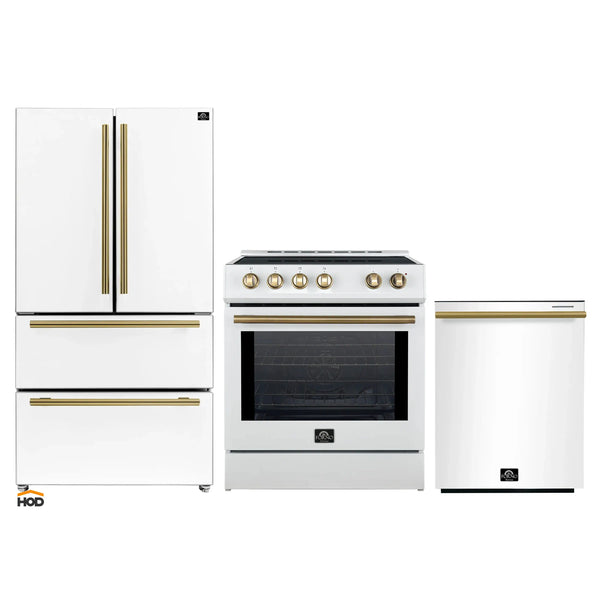 Forno 3-Piece Appliance Package - 30-Inch Induction Range, French Door Refrigerator, and Dishwasher in White with Antique Brass Trim