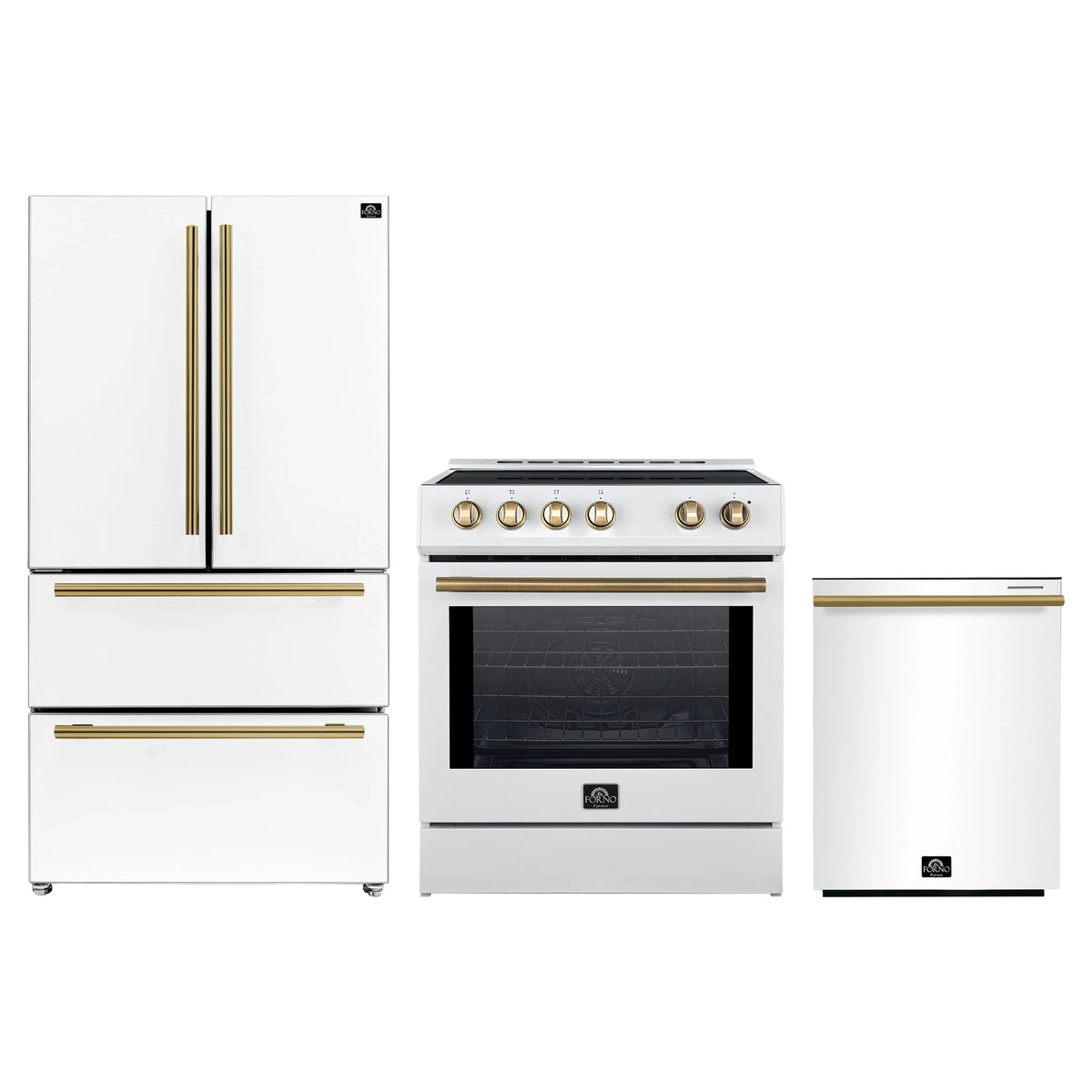 Forno 3-Piece Appliance Package - 30-Inch Induction Range, French Door Refrigerator, and Dishwasher in White with Antique Brass Trim