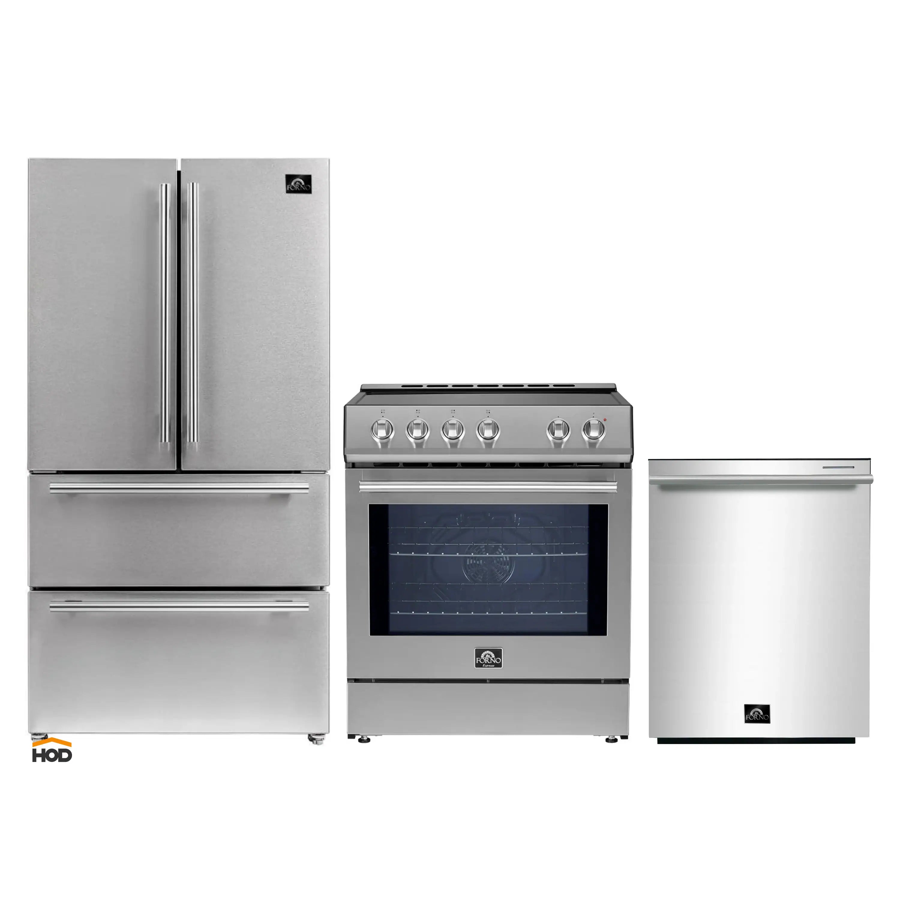 Stainless steel appliance package with French door refrigerator, range, and dishwasher