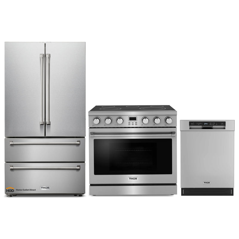 Thor Kitchen A-Series 3-Piece Appliance Package - 36-Inch Electric Range, Refrigerator, and Dishwasher in Stainless Steel