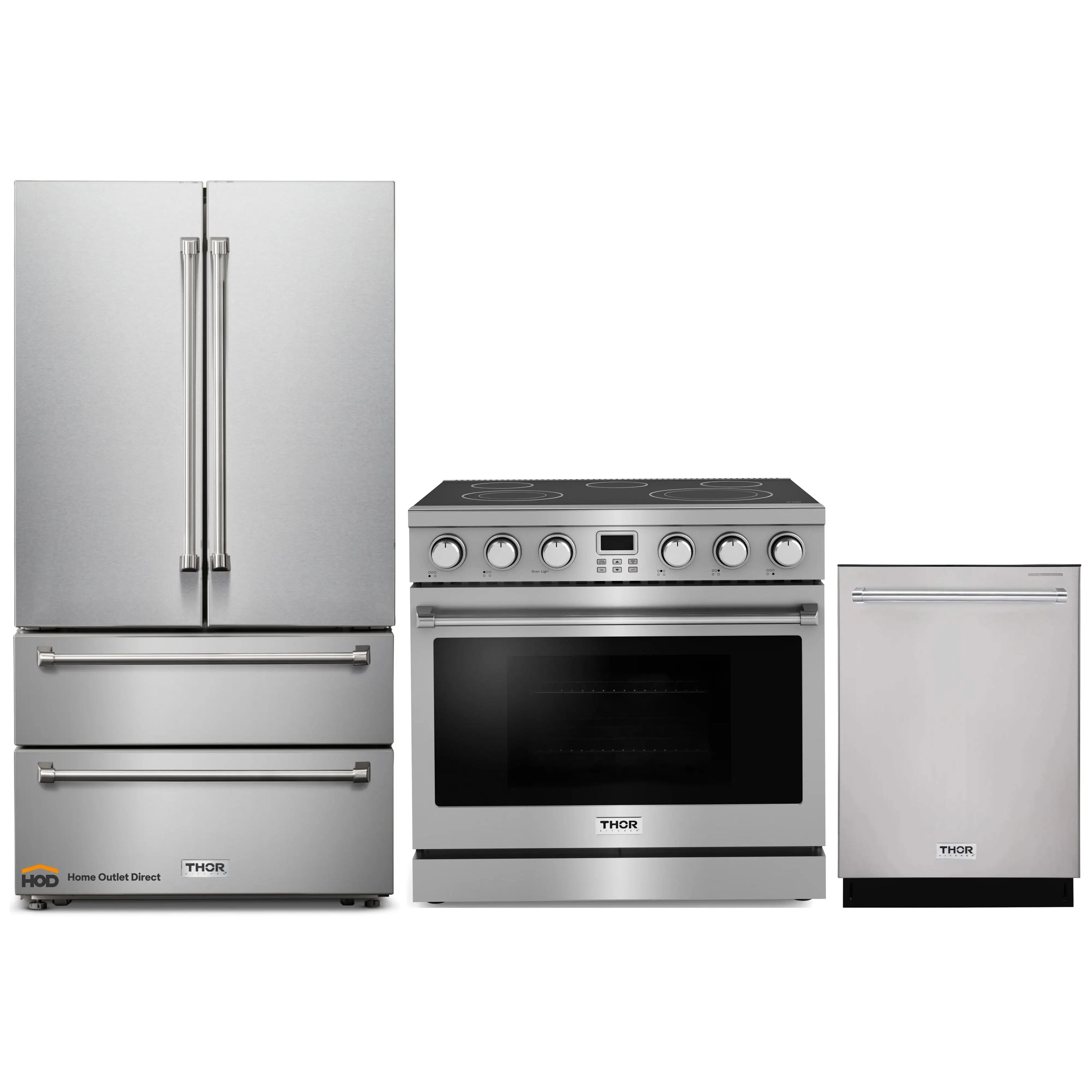 Thor Kitchen A-Series 3-Piece Appliance Package - 36-Inch Electric Range, Refrigerator, and Dishwasher in Stainless Steel