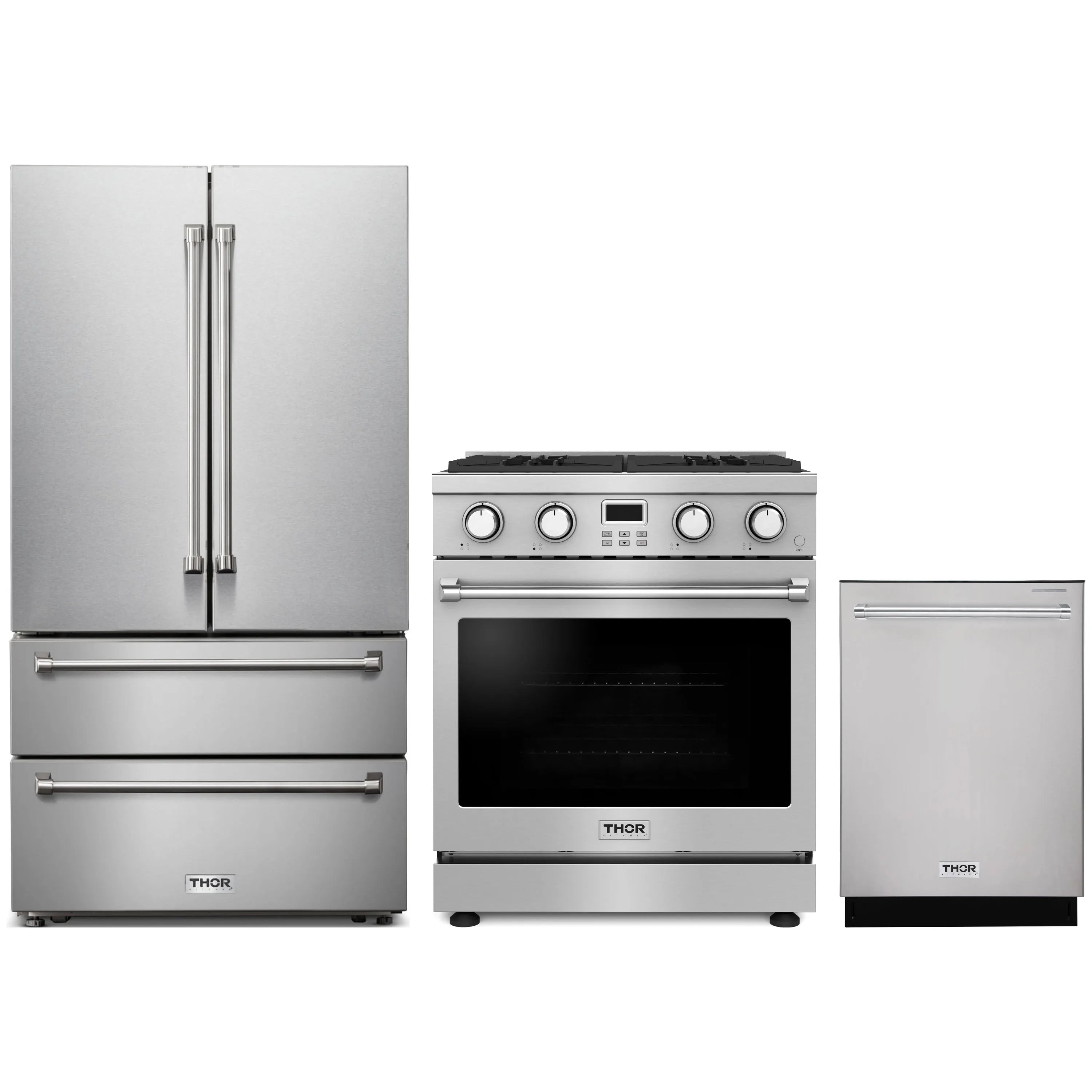 Stainless steel appliance package with French-door refrigerator, gas range, and dishwasher