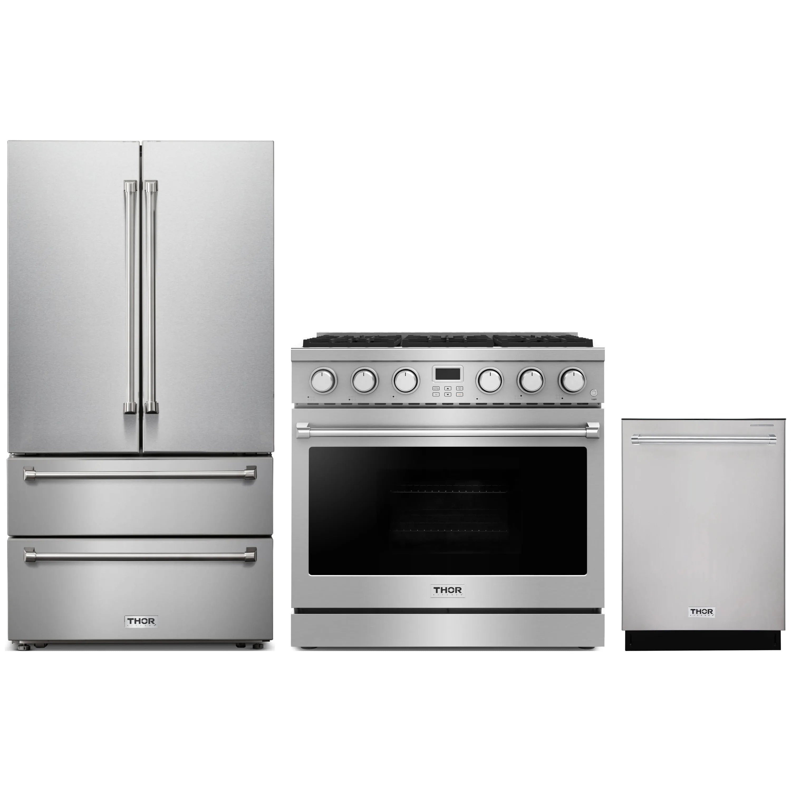 Stainless steel appliance package: refrigerator, propane gas range, dishwasher