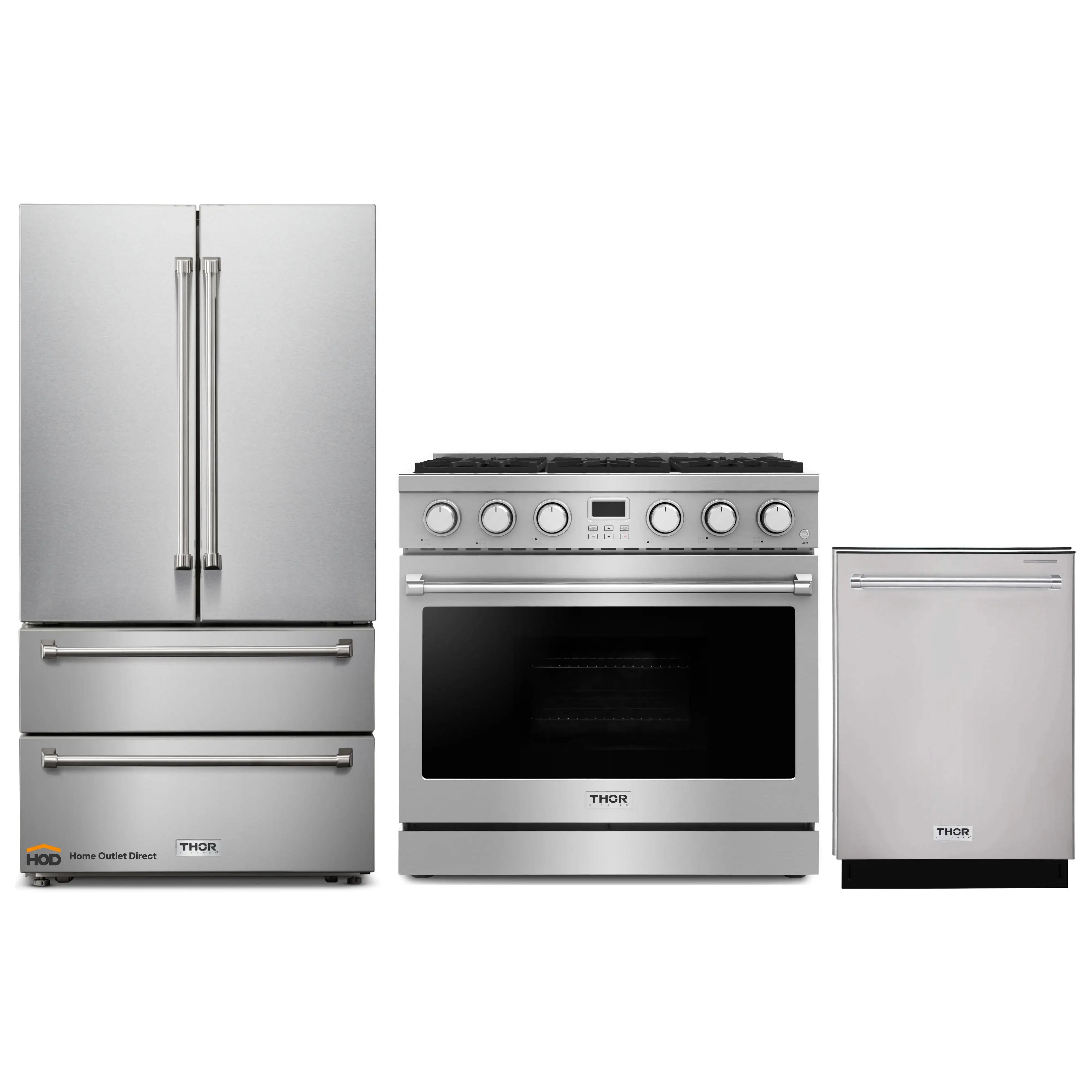 Thor Kitchen A-Series 3-Piece Appliance Package - 36-Inch Gas Range, Refrigerator, and Dishwasher in Stainless Steel