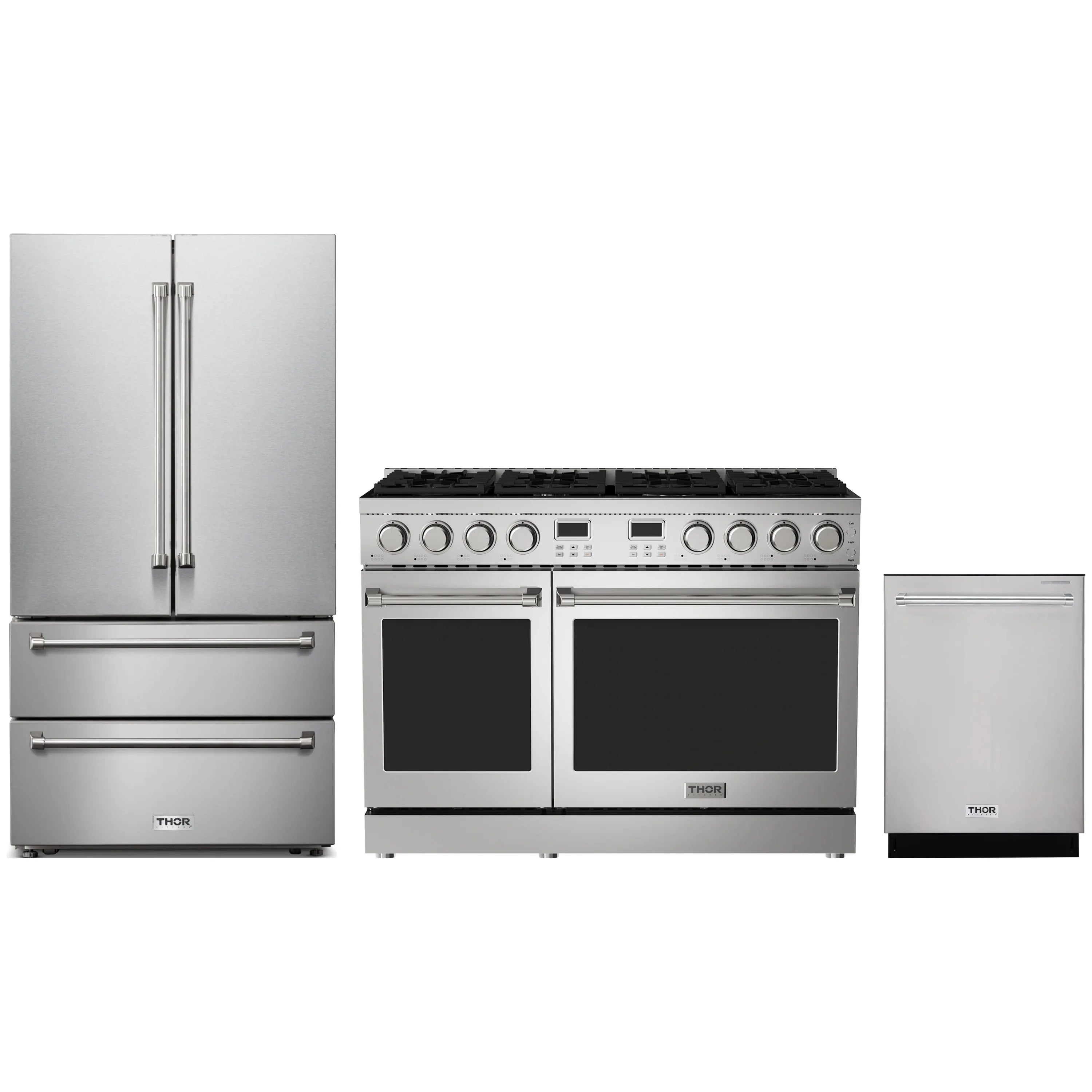 Thor Kitchen stainless steel appliance package: fridge, dual oven range, and dishwasher