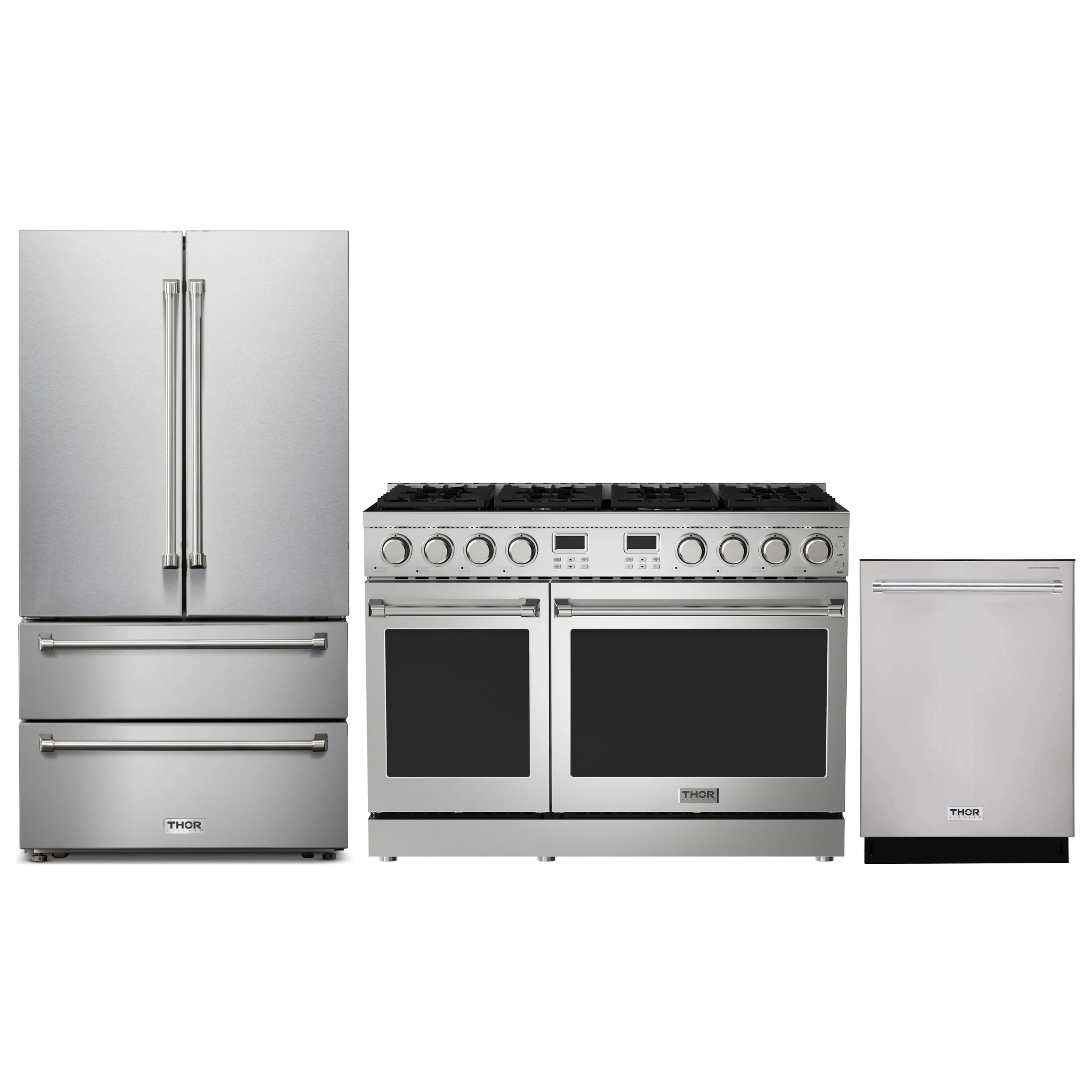 Stainless steel 3-piece appliance package: gas range, refrigerator, and dishwasher