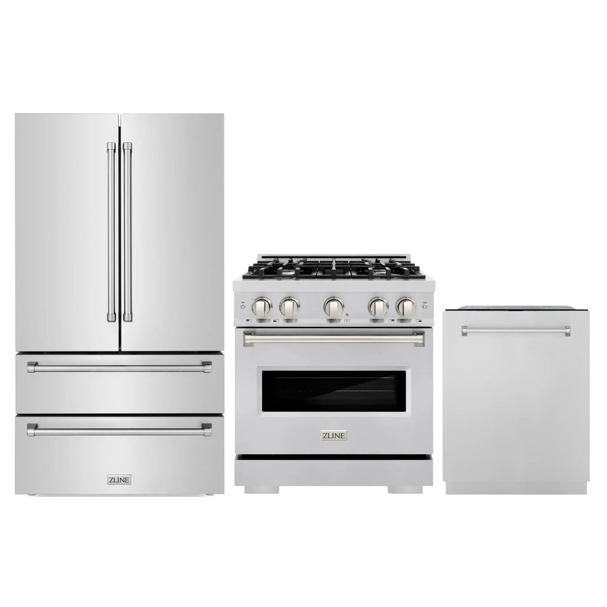 ZLINE 3-Piece Appliance Package - 30-Inch Dual Fuel Range, Refrigerator, and Dishwasher in Stainless Steel