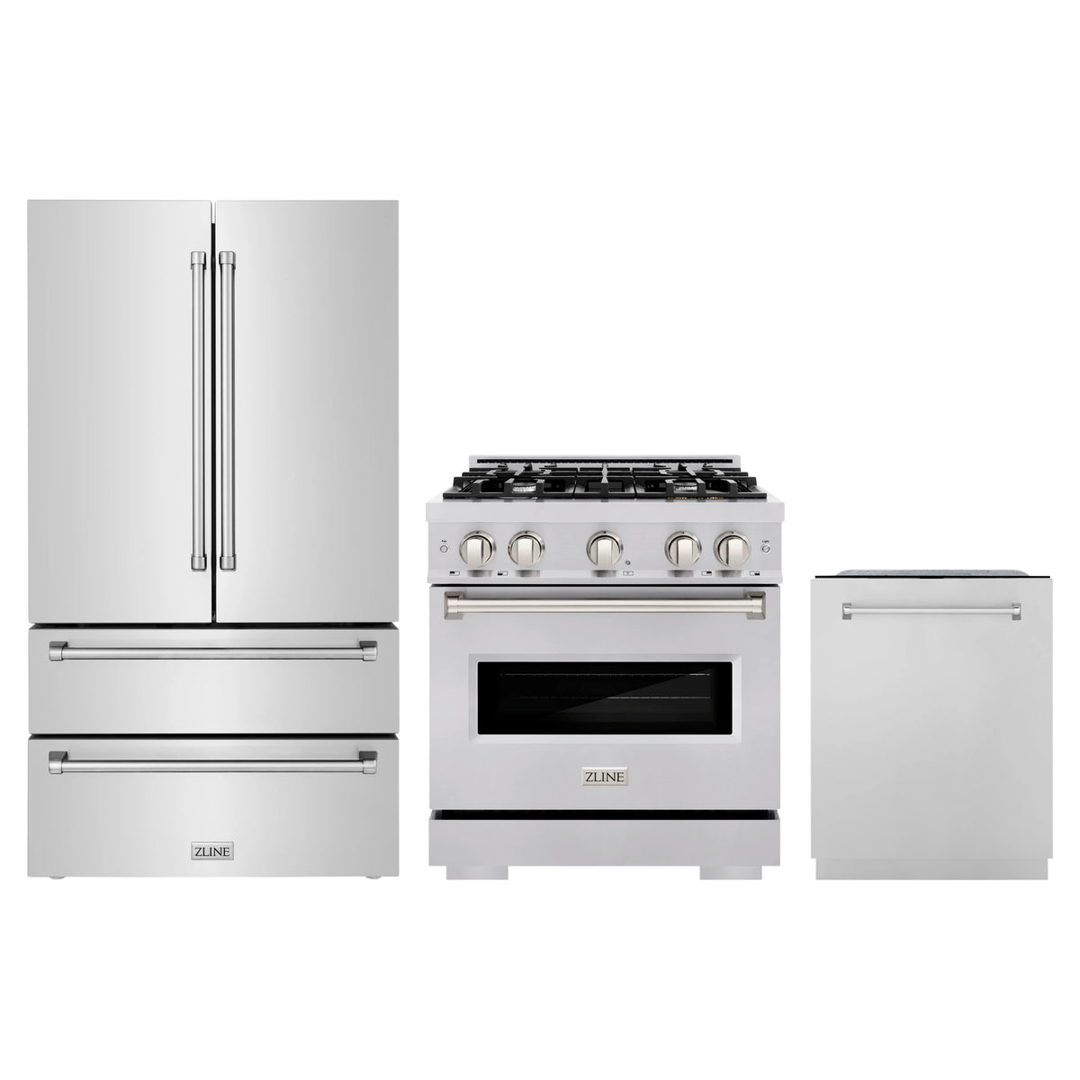 ZLINE 3-Piece Appliance Package - 30-Inch Dual Fuel Range, Refrigerator, and Dishwasher in Stainless Steel