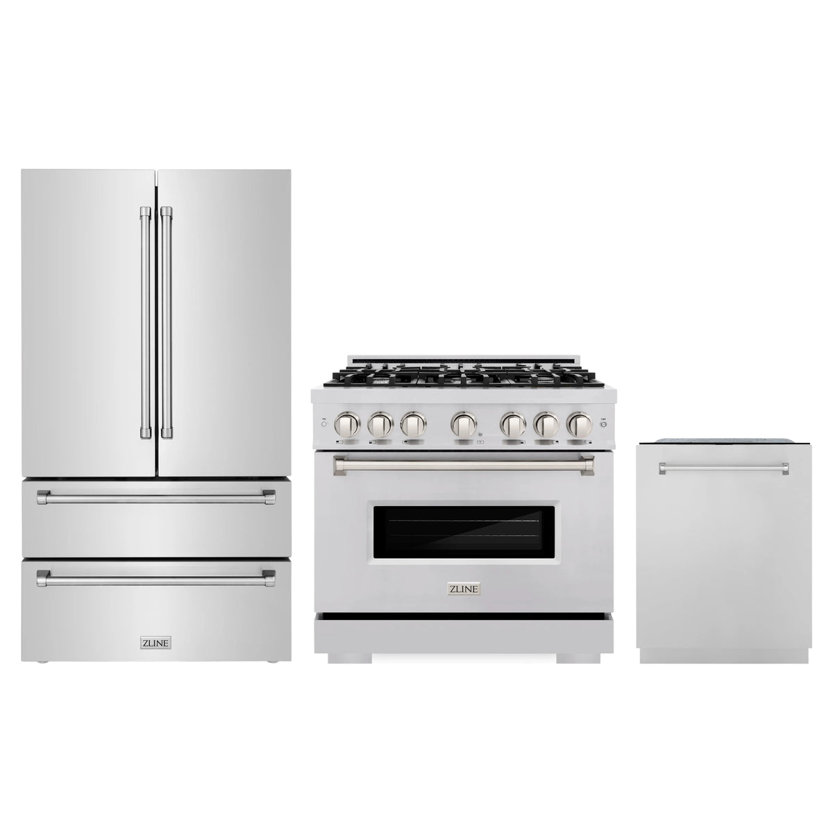ZLINE 3-Piece Appliance Package - 36-Inch Dual Fuel Range, Refrigerator, and Dishwasher in Stainless Steel