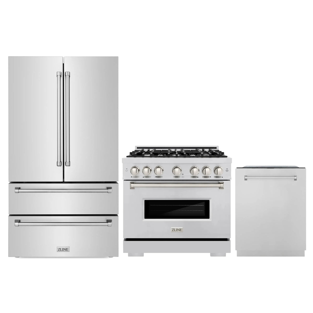 ZLINE 3-Piece Appliance Package - 36-Inch Dual Fuel Range, Refrigerator, and Dishwasher in Stainless Steel