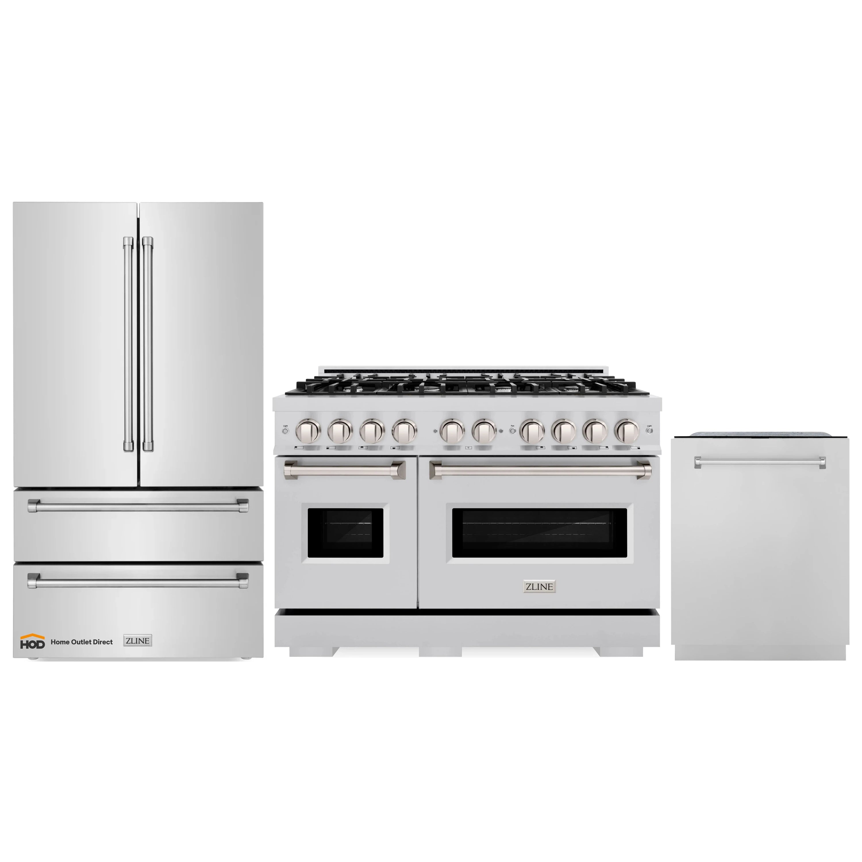 Stainless steel kitchen appliance set: dual fuel range with refrigerator and dishwasher