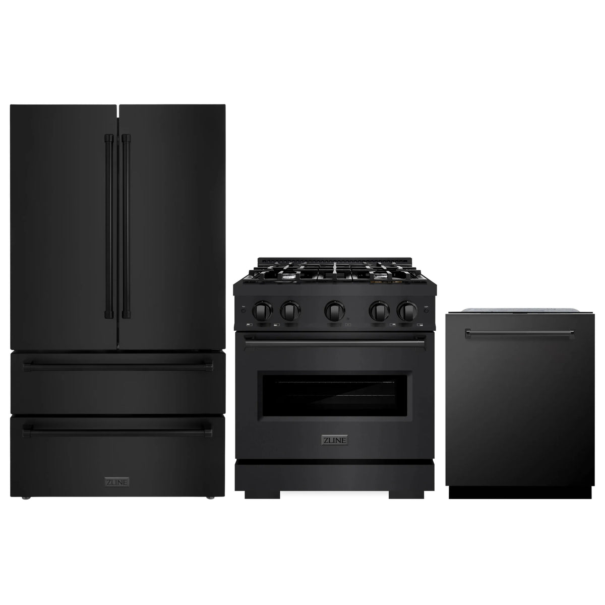 ZLINE 3-Piece Appliance Package - 30-Inch Dual Fuel Range, Refrigerator, and Dishwasher in Black Stainless Steel