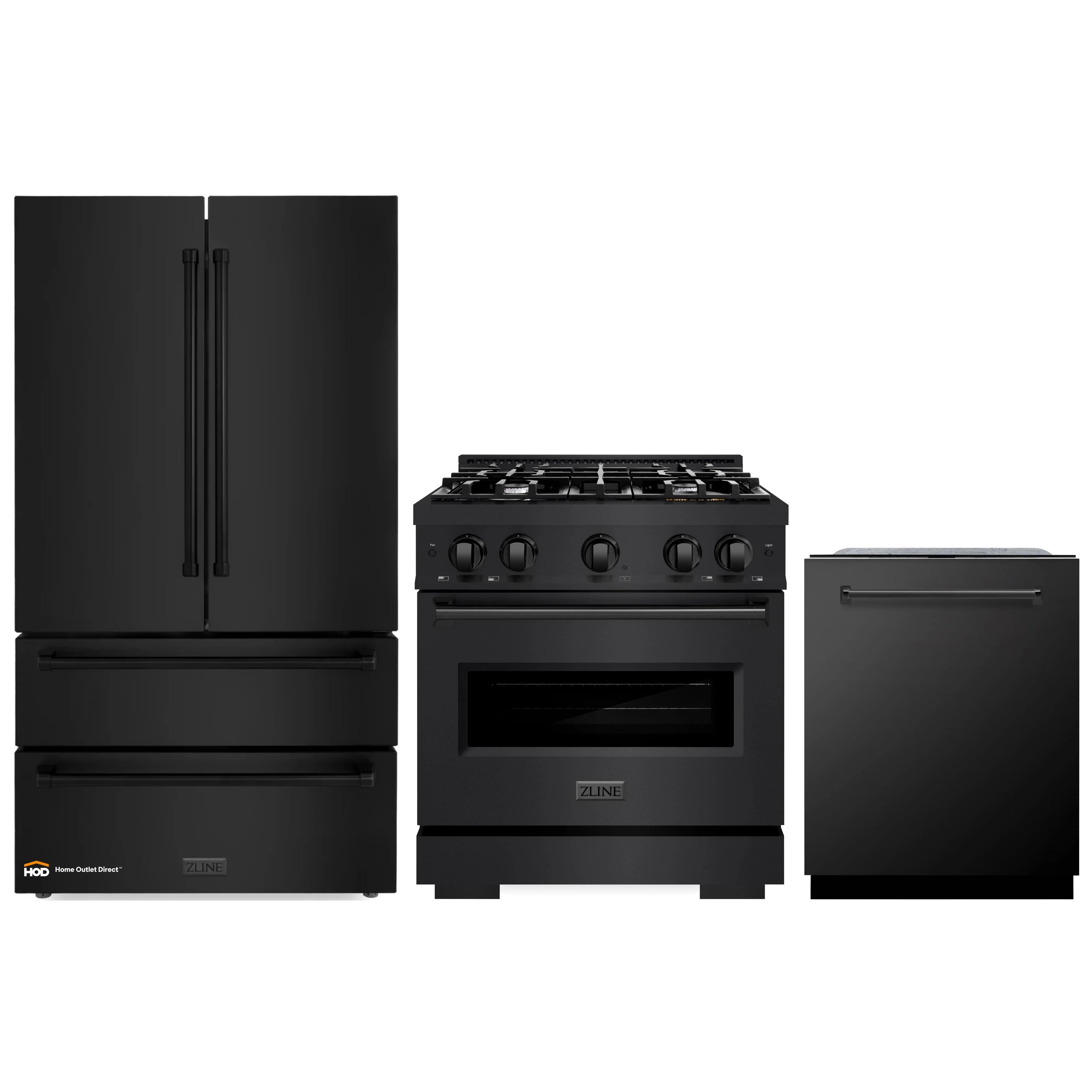 3-piece appliance set: black stainless refrigerator, range, and dishwasher front view