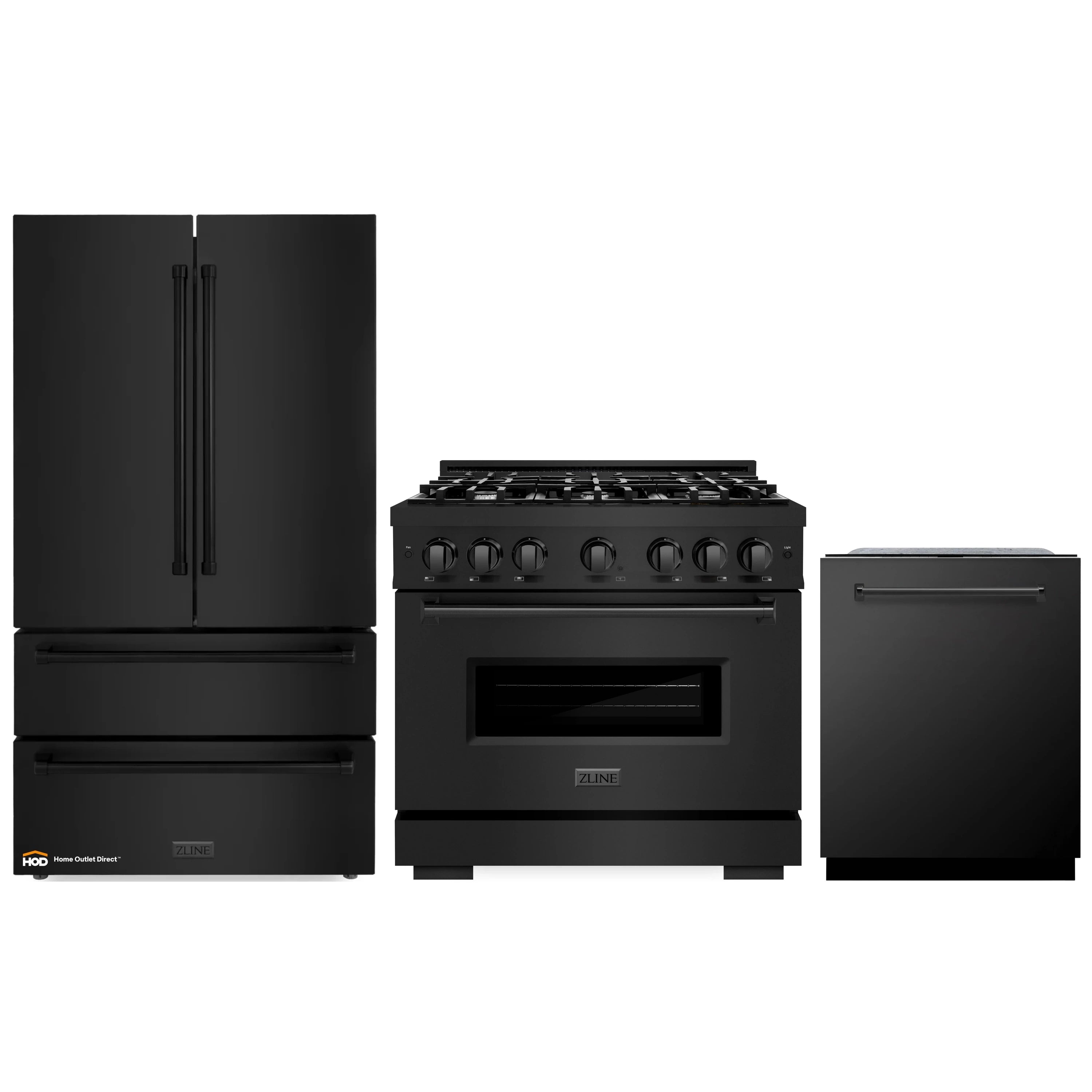 Black stainless 3-piece kitchen appliance set: refrigerator, dual fuel range, and dishwasher