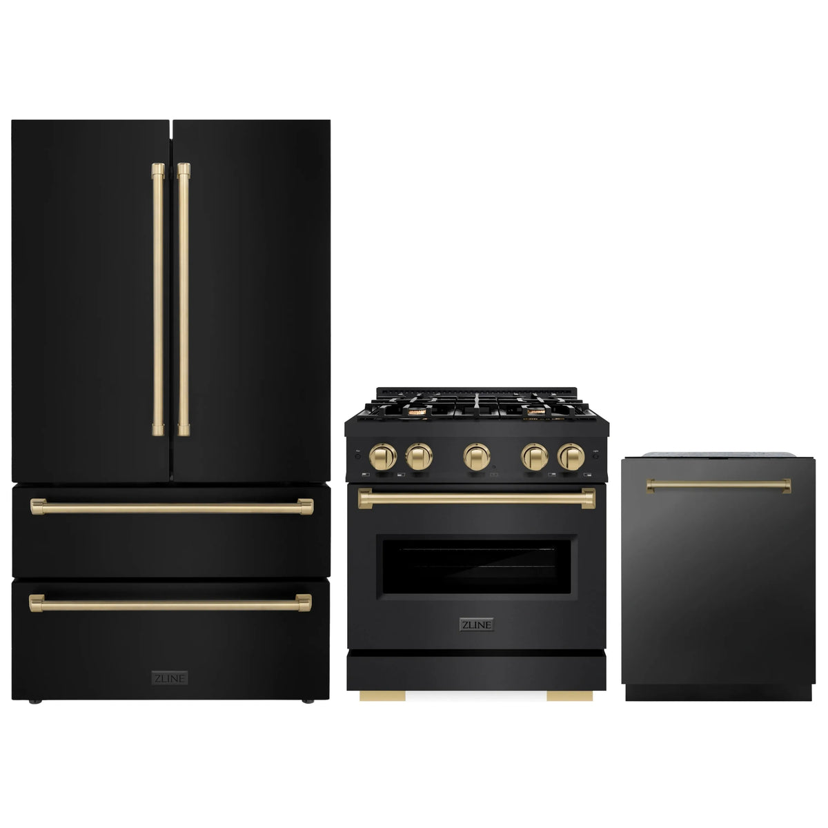 ZLINE 3-Piece Appliance Package - 30-Inch Dual Fuel Range, Refrigerator, and Dishwasher in Black Stainless Steel with Champagne Bronze Accents