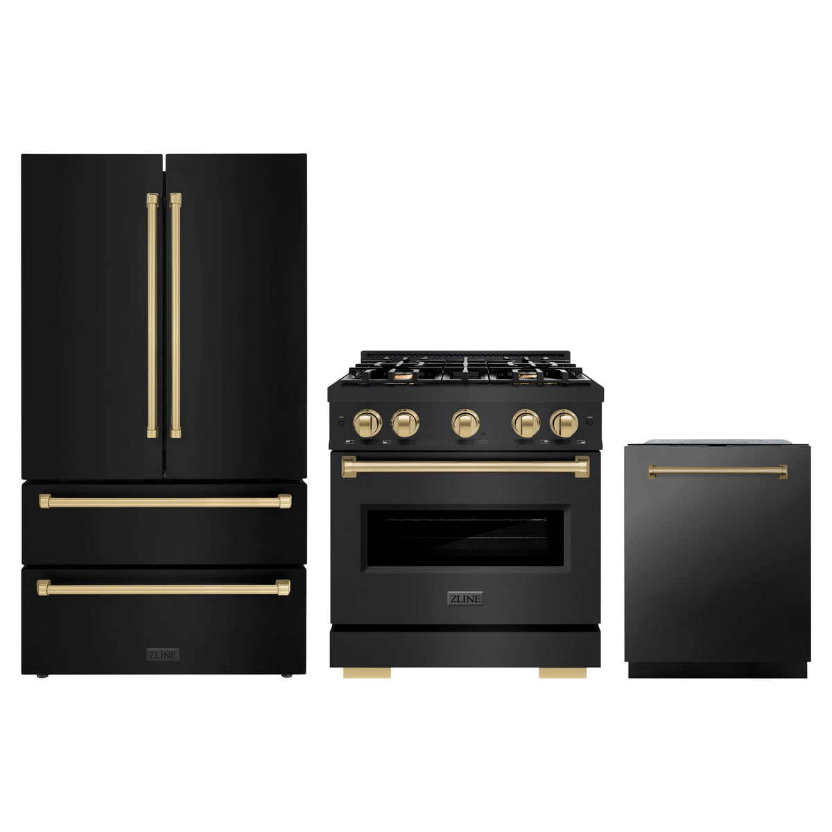 ZLINE 3-Piece Appliance Package - 30-Inch Dual Fuel Range, Refrigerator, and Dishwasher in Black Stainless Steel with Champagne Bronze Accents