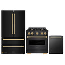 ZLINE 3-Piece Appliance Package - 30-Inch Dual Fuel Range, Refrigerator, and Dishwasher in Black Stainless Steel with Gold Accents