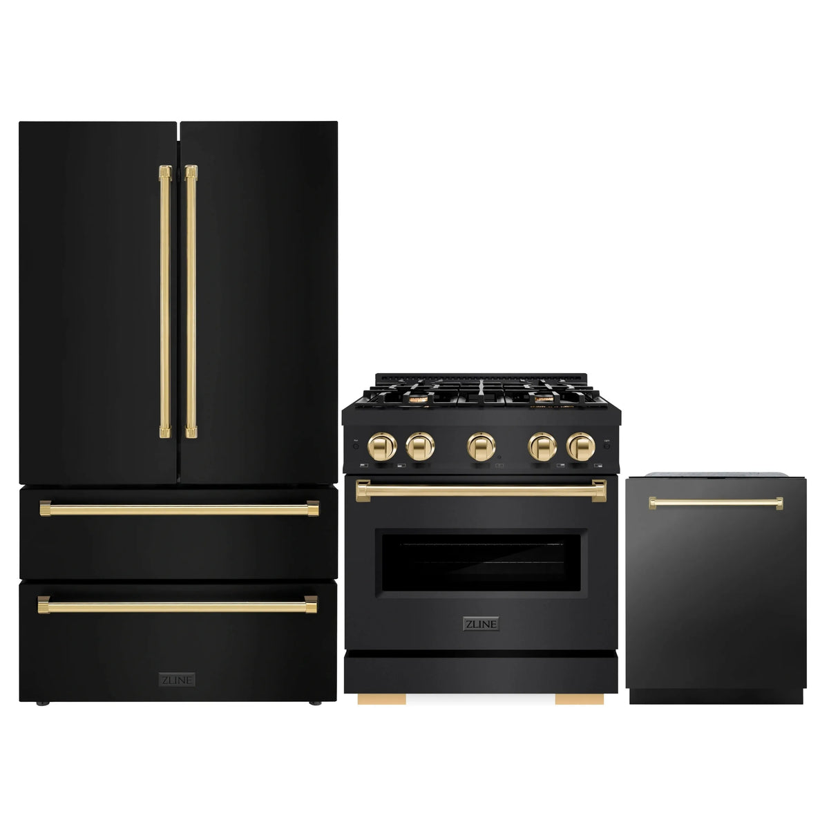 ZLINE 3-Piece Appliance Package - 30-Inch Dual Fuel Range, Refrigerator, and Dishwasher in Black Stainless Steel with Gold Accents