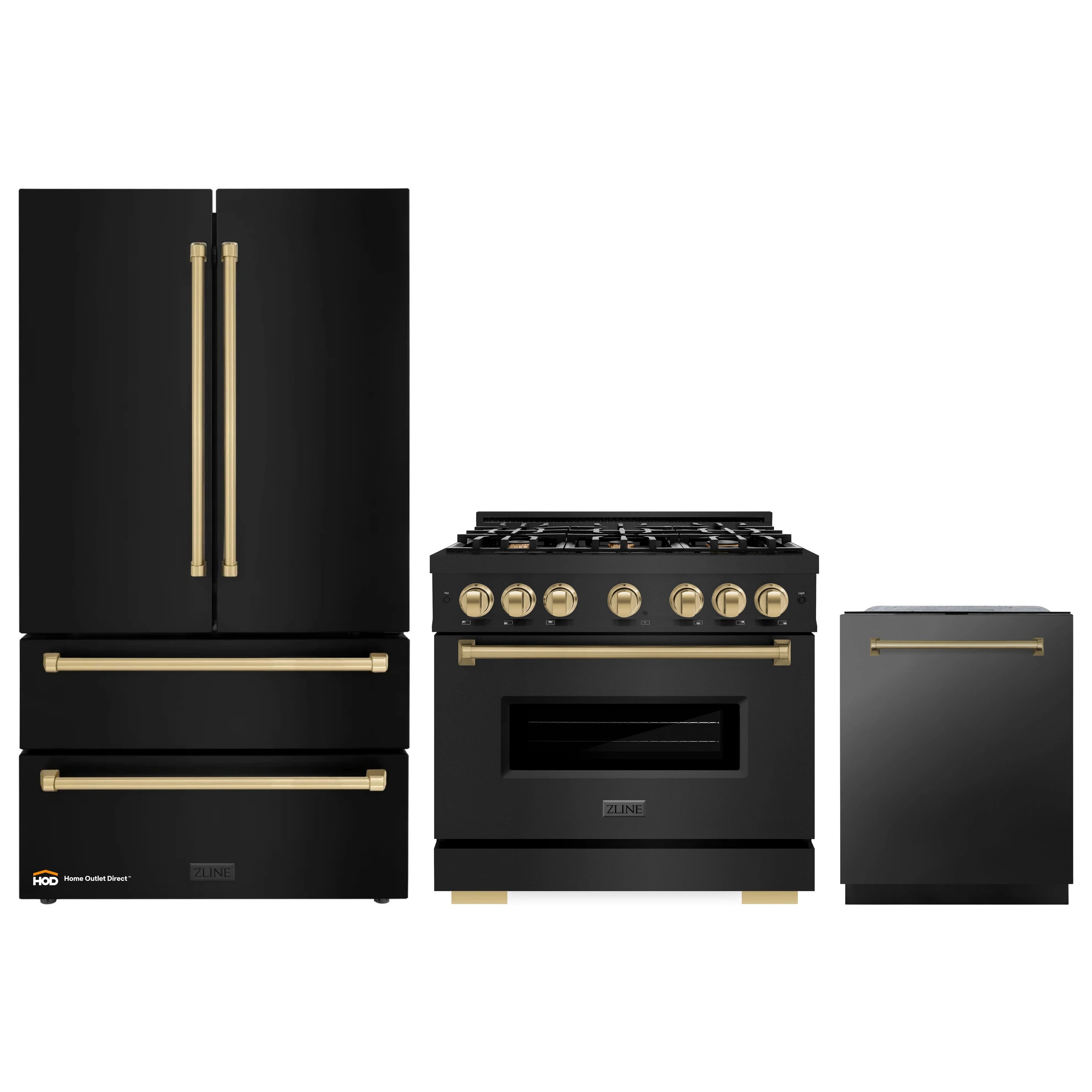 Three-piece appliance package with black stainless range, refrigerator, and dishwasher