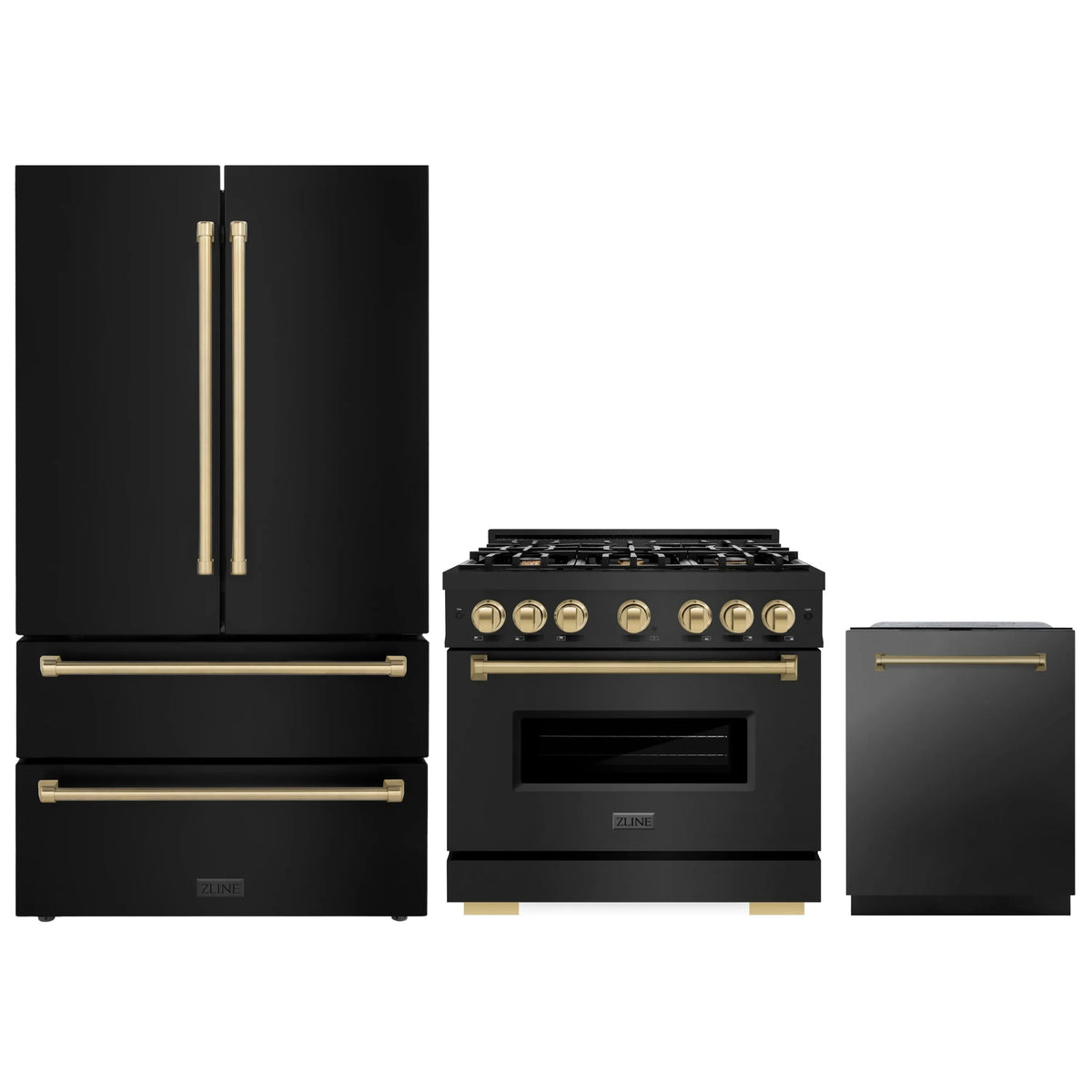 ZLINE 3-Piece Appliance Package - 36-Inch Dual Fuel Range, Refrigerator, and Dishwasher in Black Stainless Steel with Champagne Bronze Accents