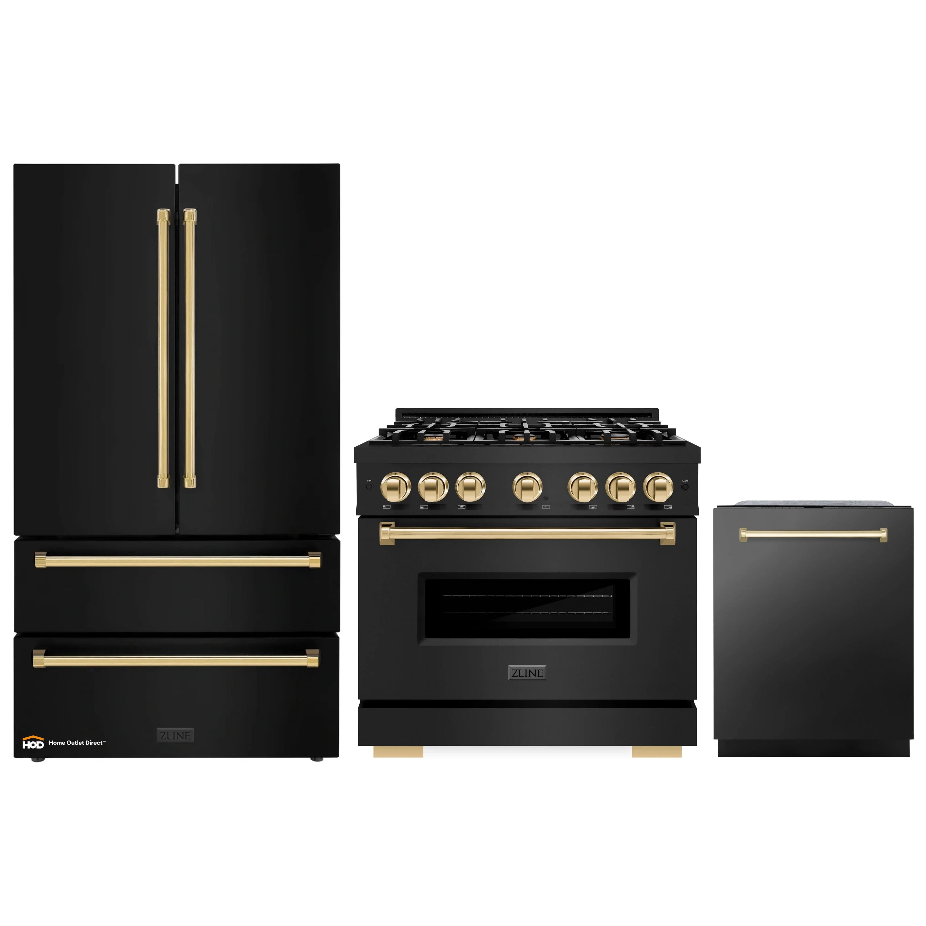 ZLINE 3-piece black stainless appliance set with gold-accent range, fridge, dishwasher