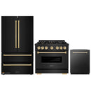 ZLINE 3-Piece Appliance Package - 36-Inch Dual Fuel Range, Refrigerator, and Dishwasher in Black Stainless Steel with Gold Accents