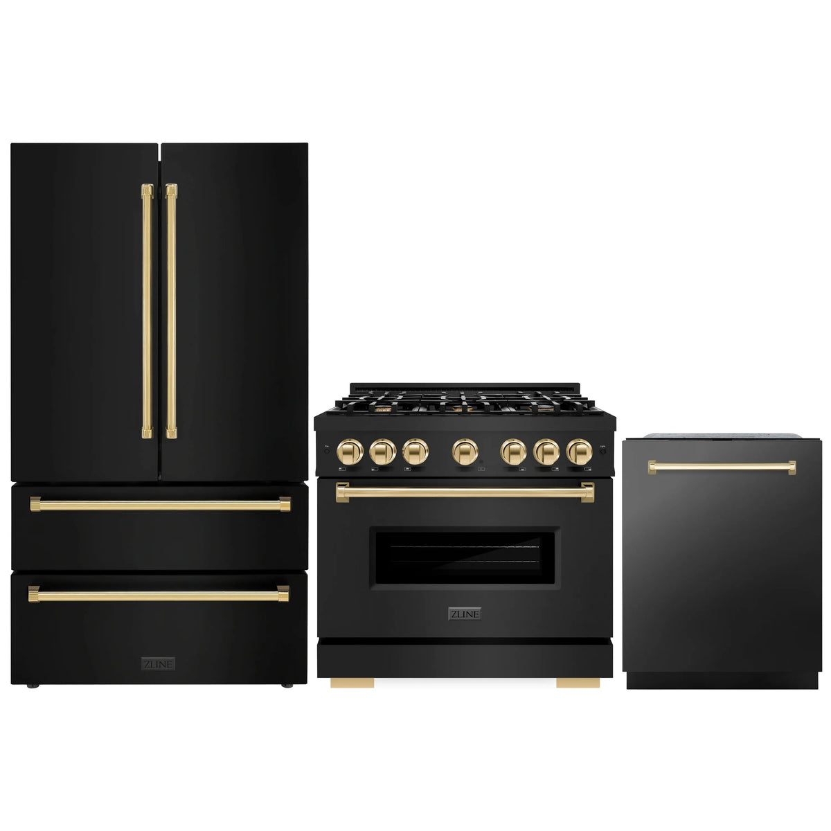 ZLINE 3-Piece Appliance Package - 36-Inch Dual Fuel Range, Refrigerator, and Dishwasher in Black Stainless Steel with Gold Accents