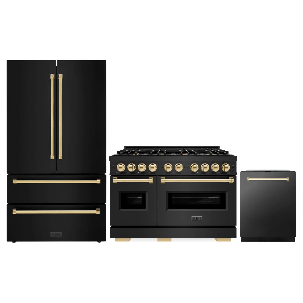 ZLINE 3-Piece Appliance Package - 48-Inch Dual Fuel Range, Refrigerator, and Dishwasher in Black Stainless Steel with Gold Accents