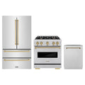 ZLINE 3-Piece Appliance Package - 30-Inch Dual Fuel Range, Refrigerator, and Dishwasher in Stainless Steel with Champagne Bronze Accents