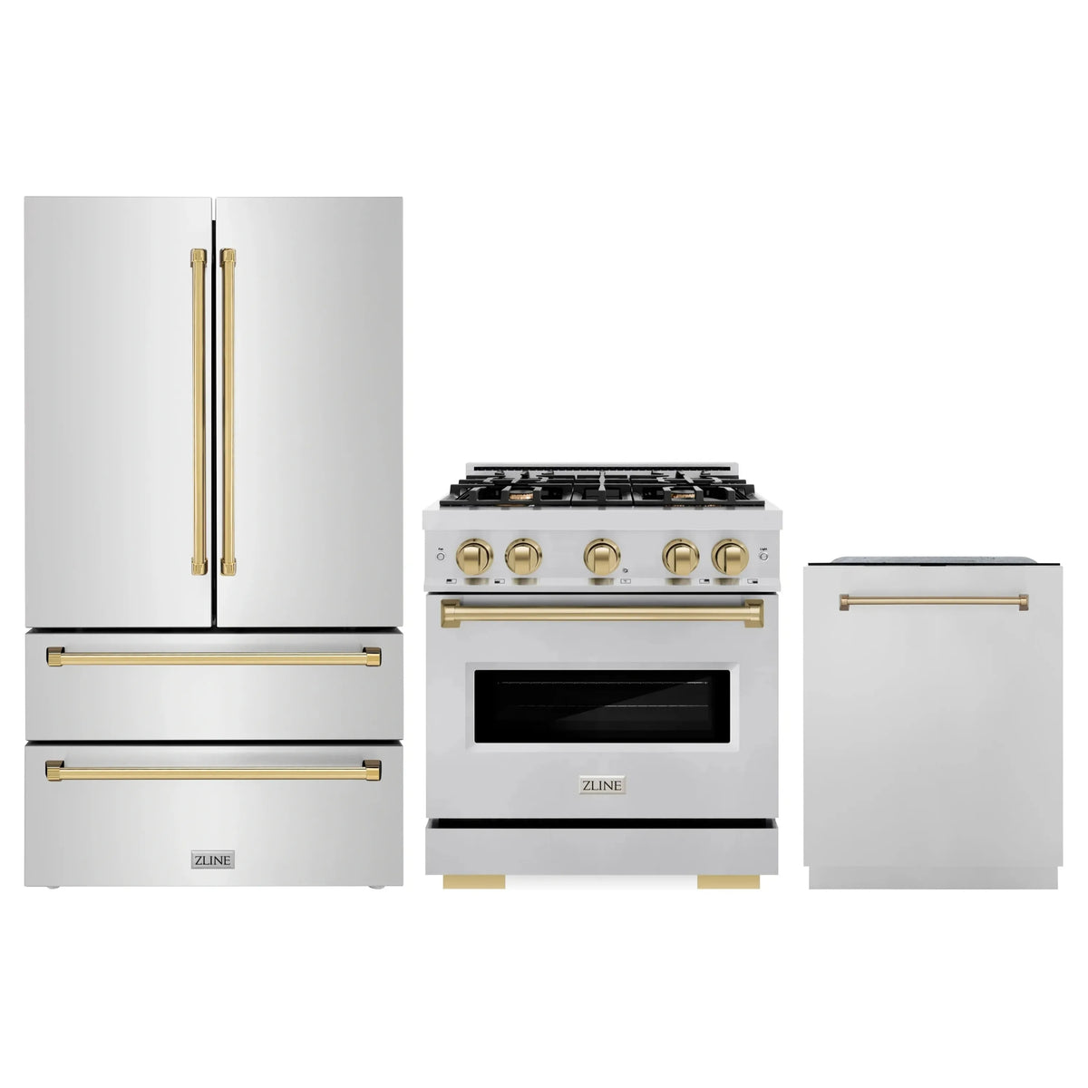 ZLINE 3-Piece Appliance Package - 30-Inch Dual Fuel Range, Refrigerator, and Dishwasher in Stainless Steel with Champagne Bronze Accents