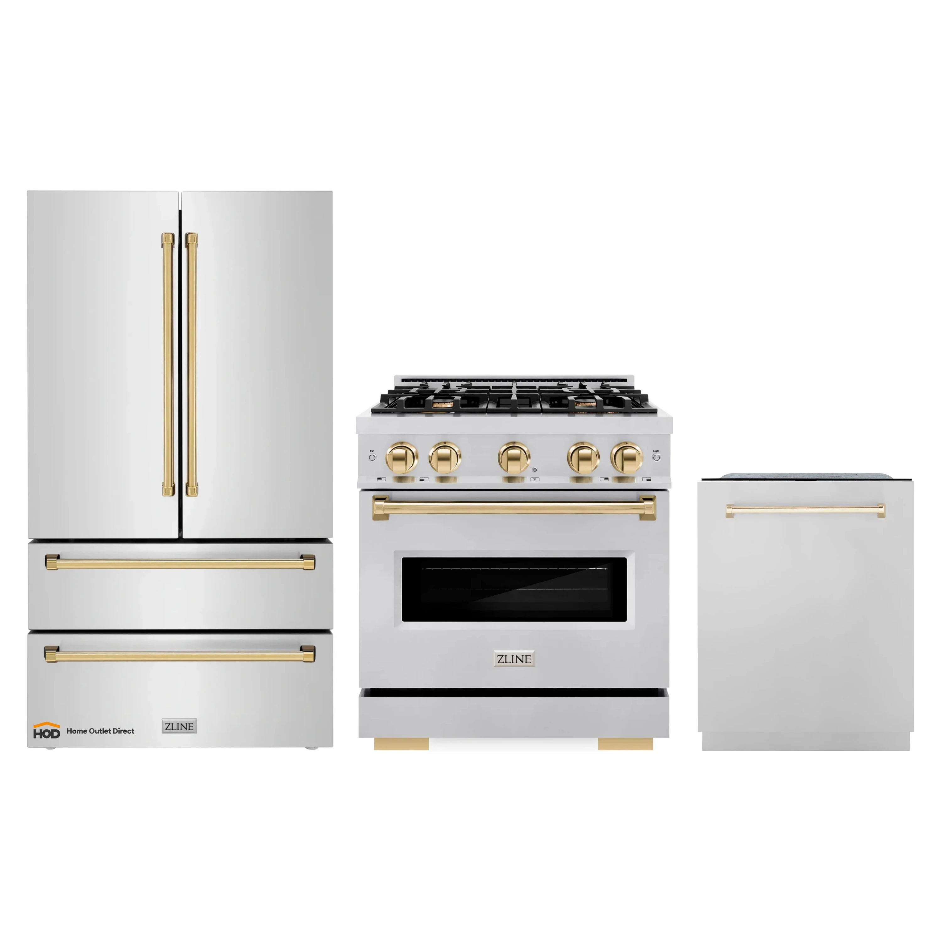 Stainless steel appliance set: dual fuel range, refrigerator, and dishwasher with gold accents
