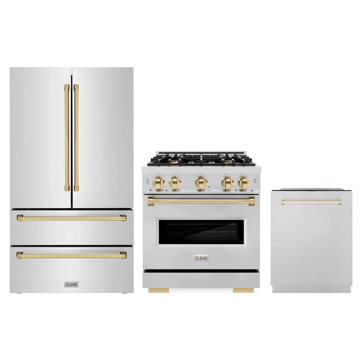 ZLINE 3-Piece Appliance Package - 30-Inch Dual Fuel Range, Refrigerator, and Dishwasher in Stainless Steel with Gold Accents