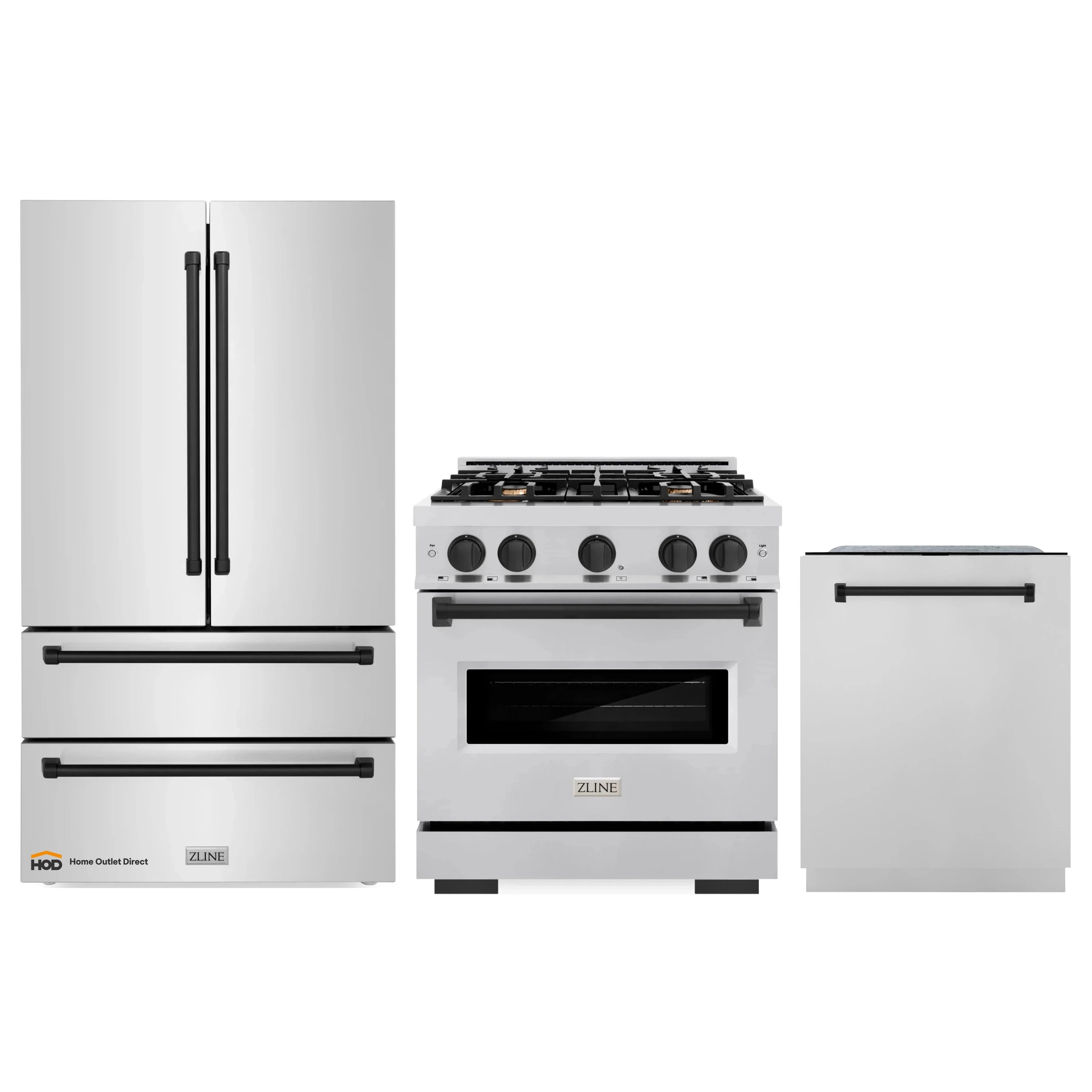3-piece kitchen appliance package in stainless steel with matte black accents