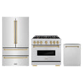 ZLINE 3-Piece Appliance Package - 36-Inch Dual Fuel Range, Refrigerator, and Dishwasher in Stainless Steel with Champagne Bronze Accents