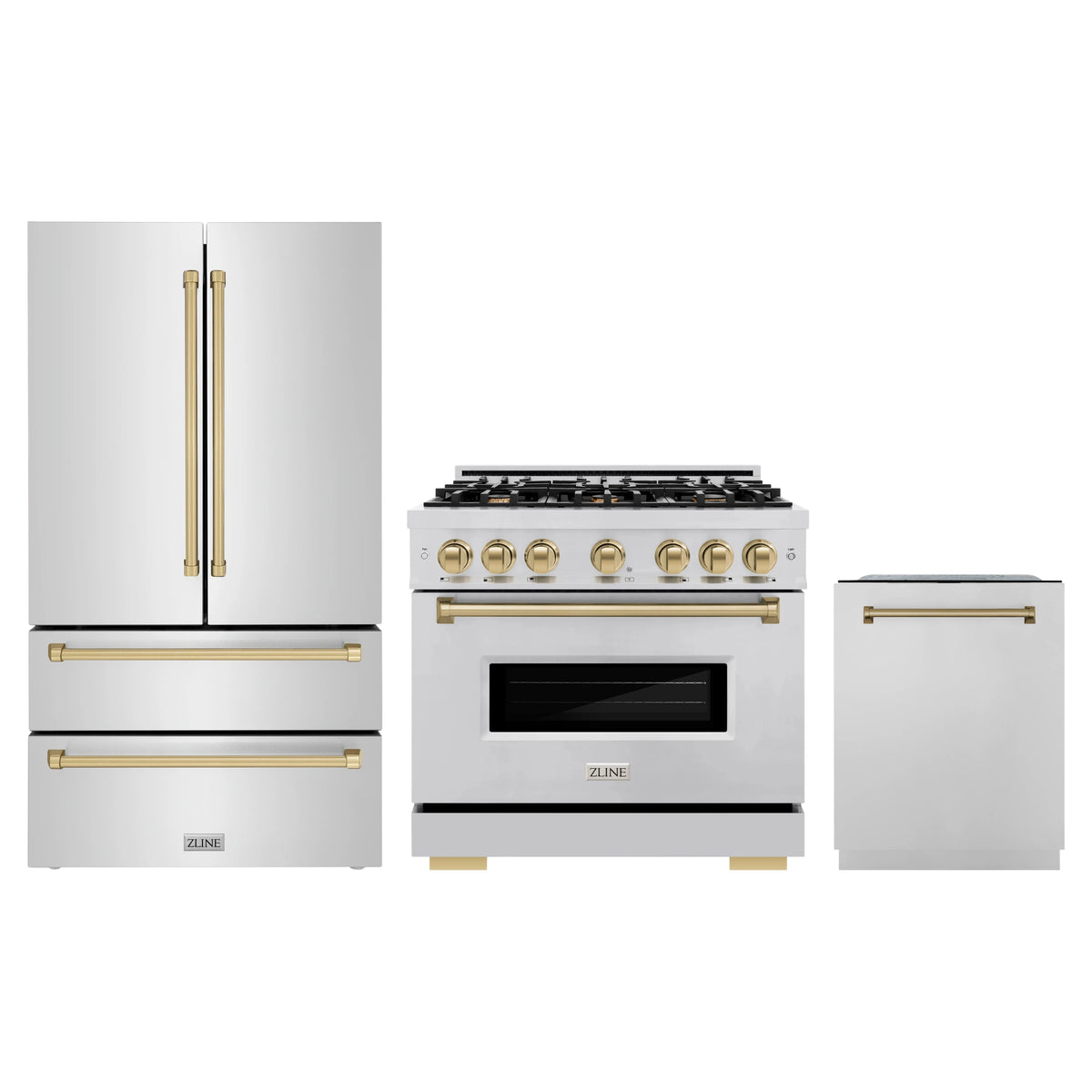 ZLINE 3-Piece Appliance Package - 36-Inch Dual Fuel Range, Refrigerator, and Dishwasher in Stainless Steel with Champagne Bronze Accents