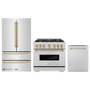 ZLINE 3-Piece Appliance Package - 36-Inch Dual Fuel Range, Refrigerator, and Dishwasher in Stainless Steel with Champagne Bronze Accents