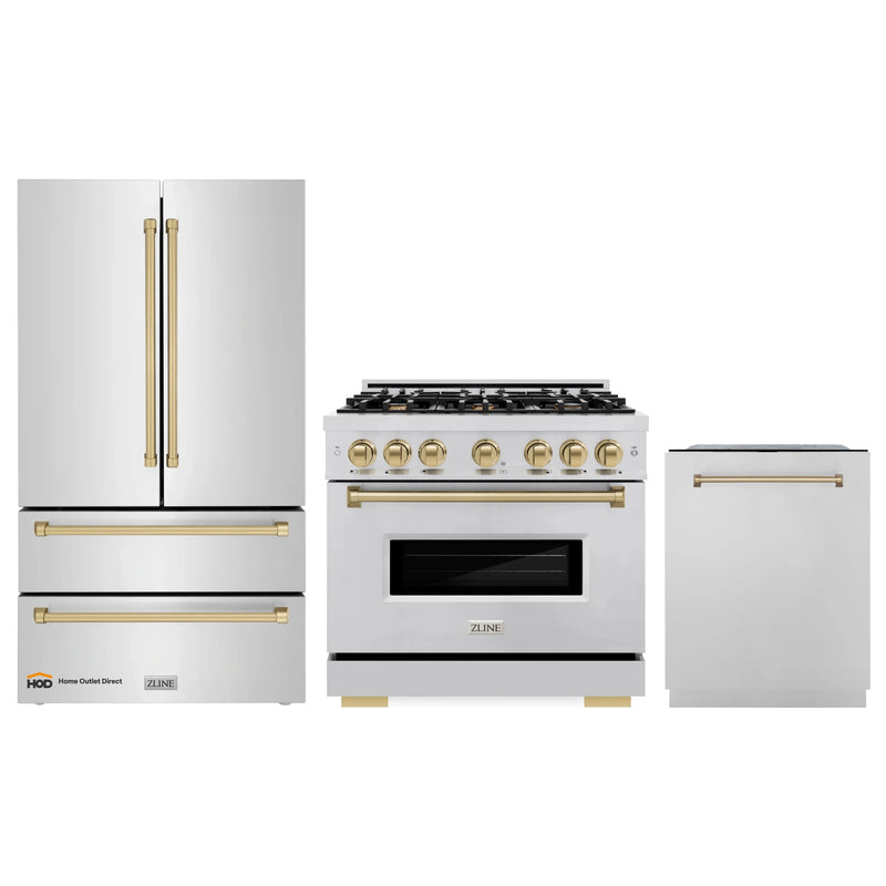 ZLINE 3-Piece Appliance Package - 36-Inch Dual Fuel Range, Refrigerator, and Dishwasher in Stainless Steel with Champagne Bronze Accents