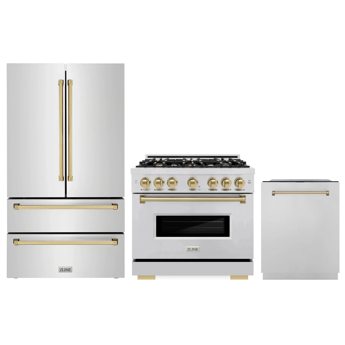 ZLINE 3-Piece Appliance Package - 36-Inch Dual Fuel Range, Refrigerator, and Dishwasher in Stainless Steel with Champagne Bronze Accents