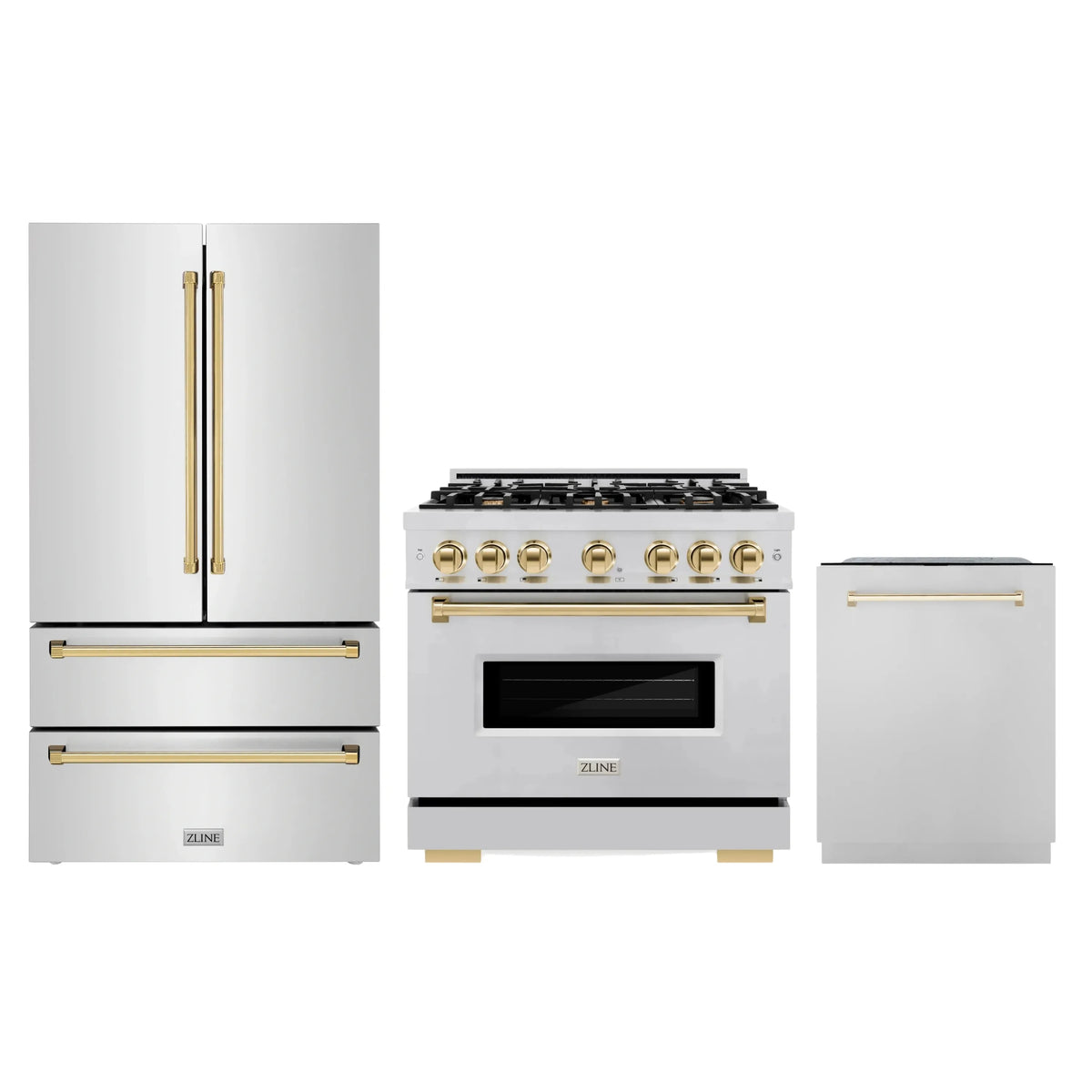 ZLINE 3-Piece Appliance Package - 36-Inch Dual Fuel Range, Refrigerator, and Dishwasher in Stainless Steel with Gold Accents