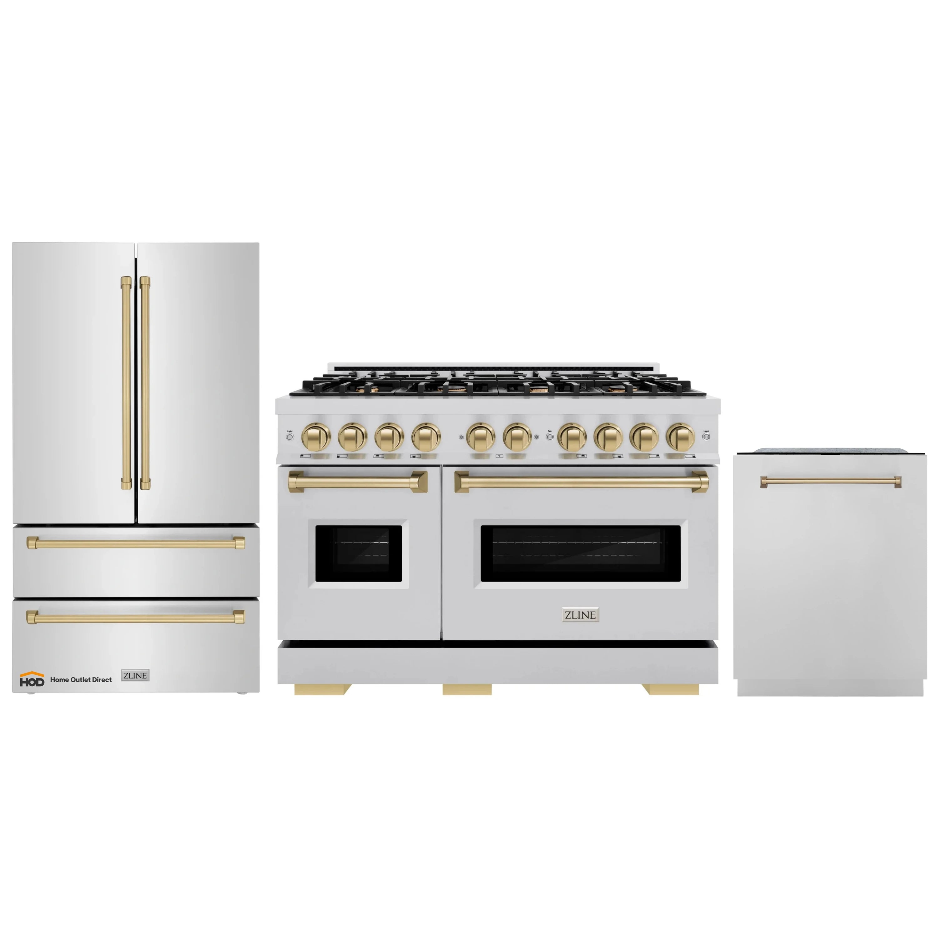 ZLINE three-piece appliance package with dual fuel range, refrigerator, and dishwasher