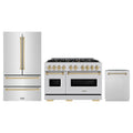 ZLINE 3-Piece Appliance Package - 48-Inch Dual Fuel Range, Refrigerator, and Dishwasher in Stainless Steel with Champagne Bronze Accents