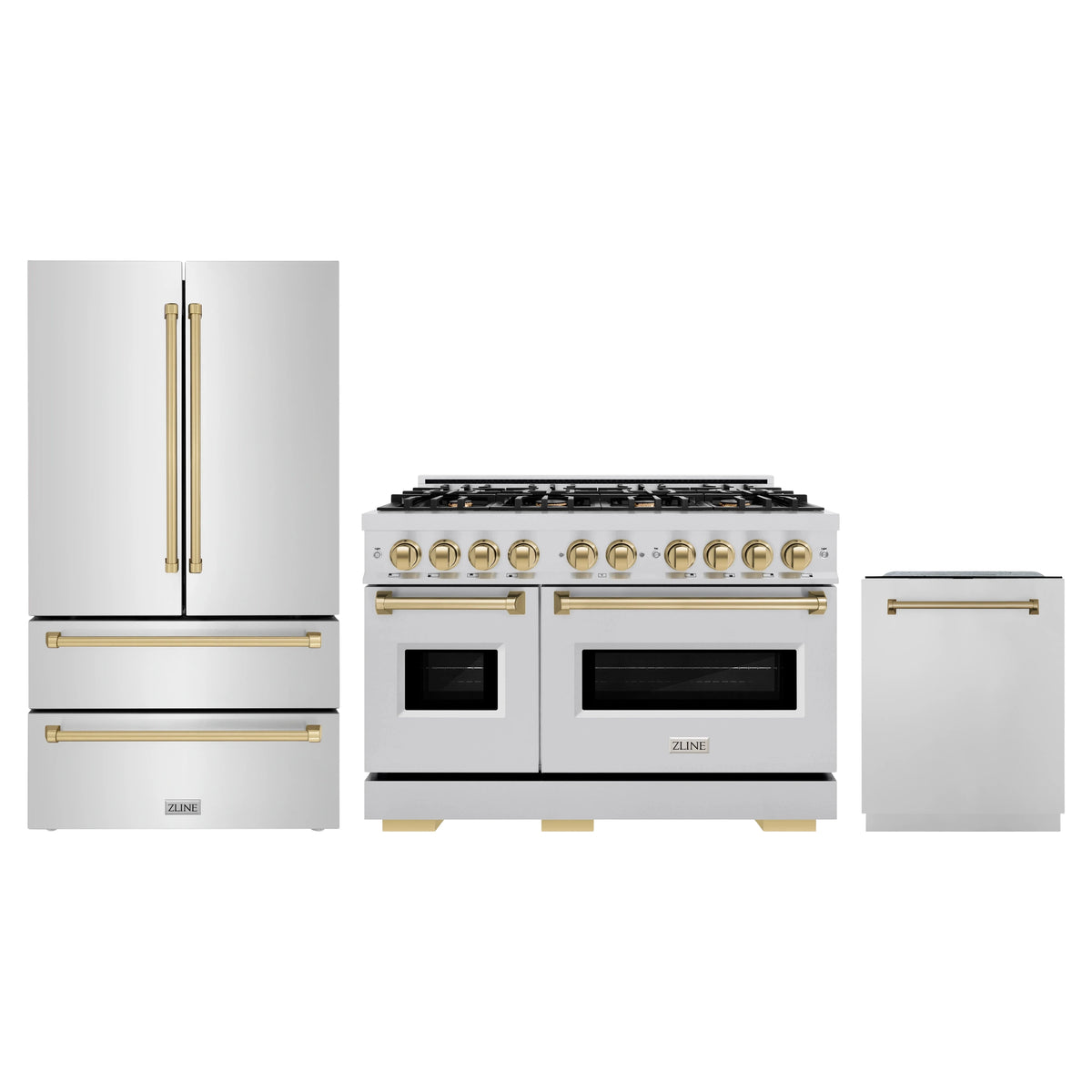 ZLINE 3-Piece Appliance Package - 48-Inch Dual Fuel Range, Refrigerator, and Dishwasher in Stainless Steel with Champagne Bronze Accents
