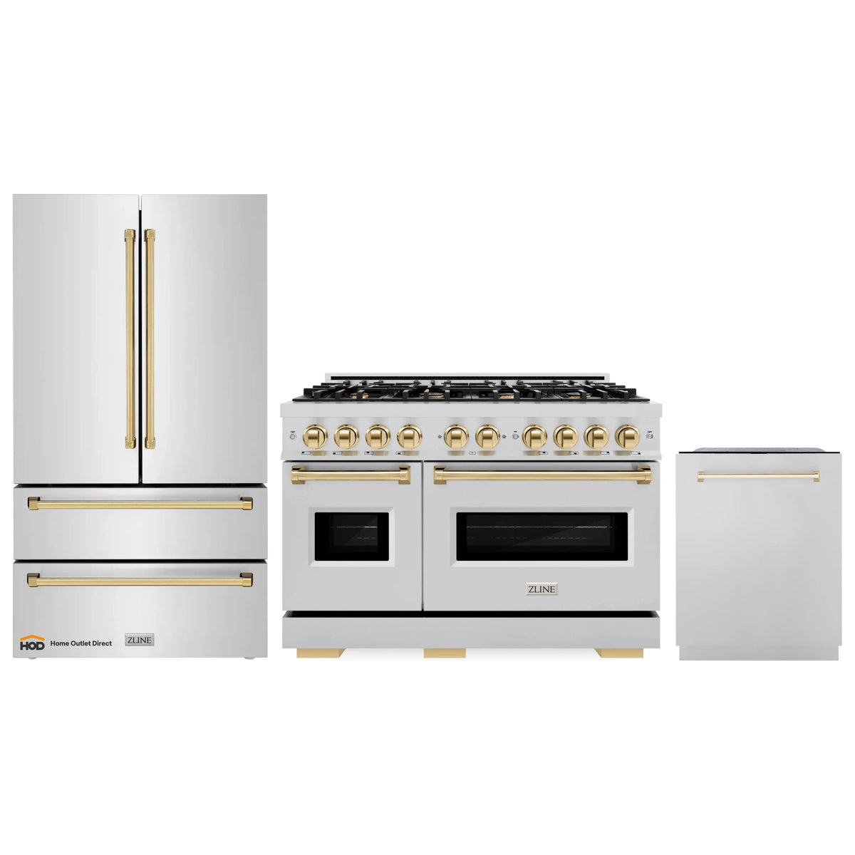 3-piece stainless appliance set with gold accents, including range and dishwasher