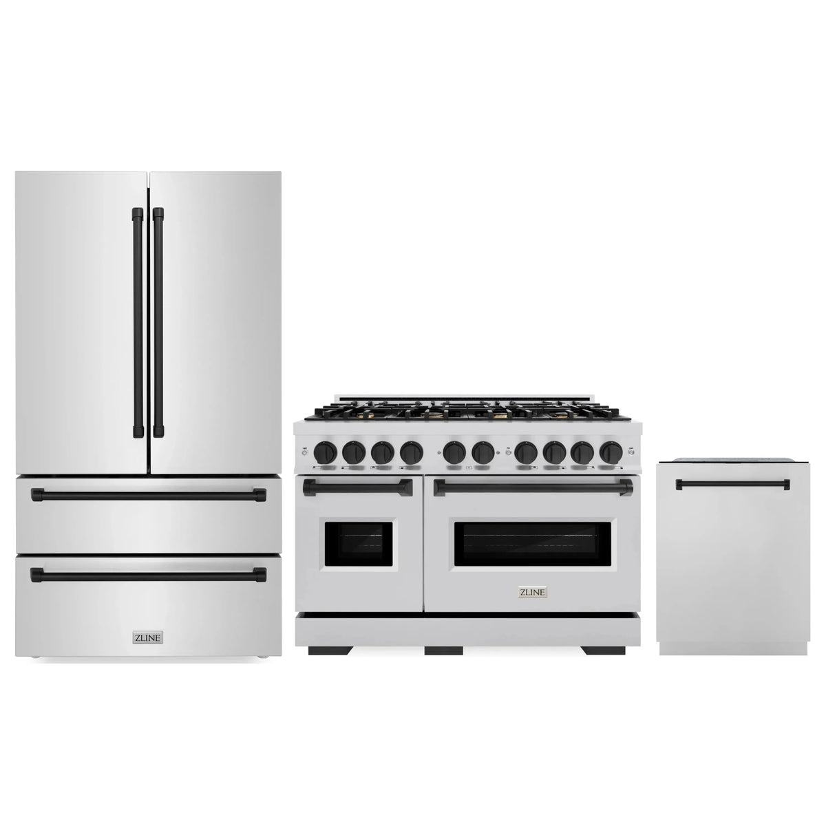ZLINE 3-Piece Appliance Package - 48-Inch Dual Fuel Range, Refrigerator, and Dishwasher in Stainless Steel with Matte Black Accents