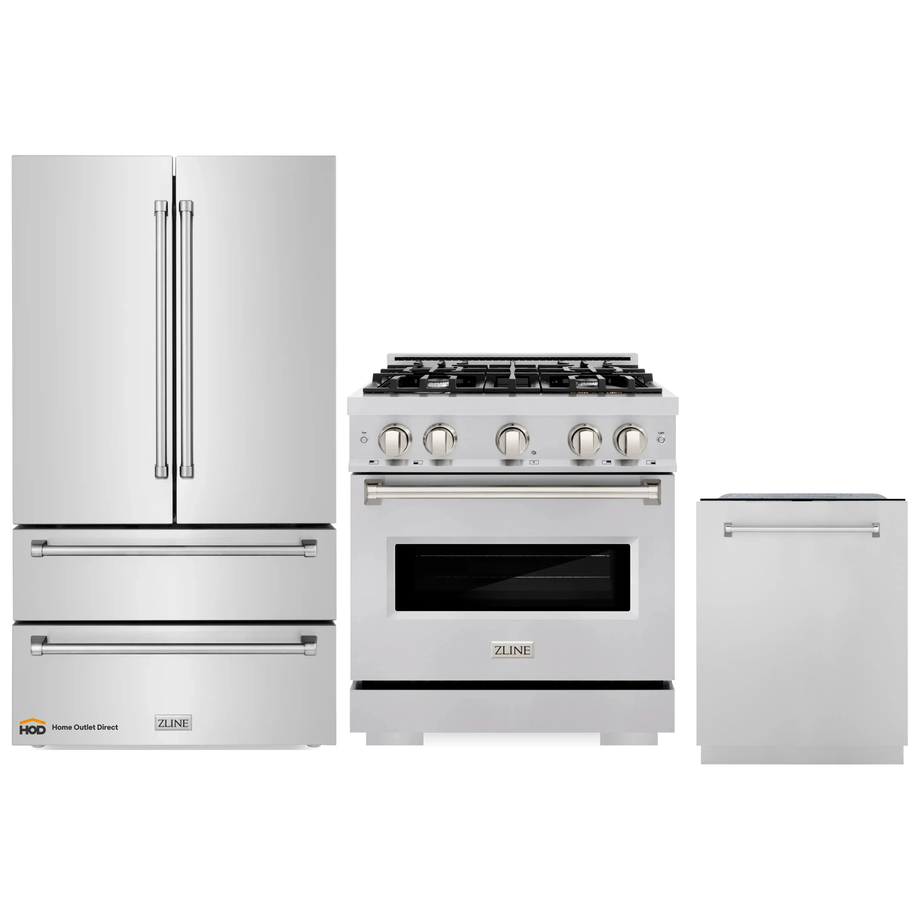 Stainless kitchen appliance set with refrigerator, gas range, and dishwasher