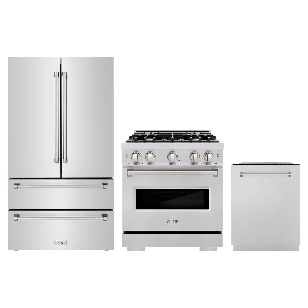 ZLINE 3-Piece Appliance Package - 30-Inch Gas Range, Refrigerator, and Dishwasher in Stainless Steel