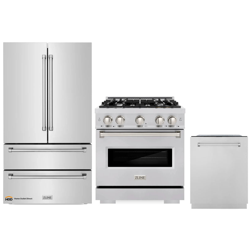 ZLINE 3-Piece Appliance Package - 30-Inch Gas Range, Refrigerator, and Dishwasher in Stainless Steel
