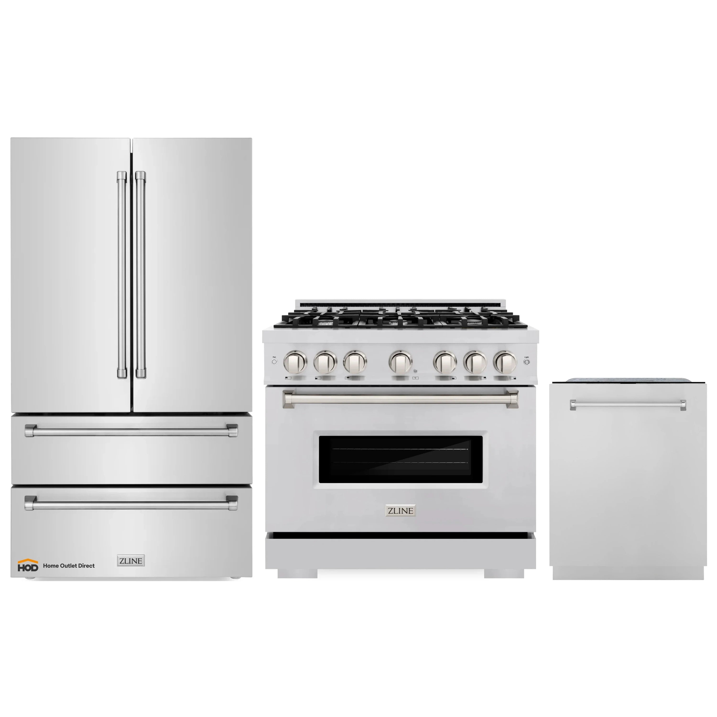 Stainless steel kitchen appliance set: refrigerator, gas range, and dishwasher